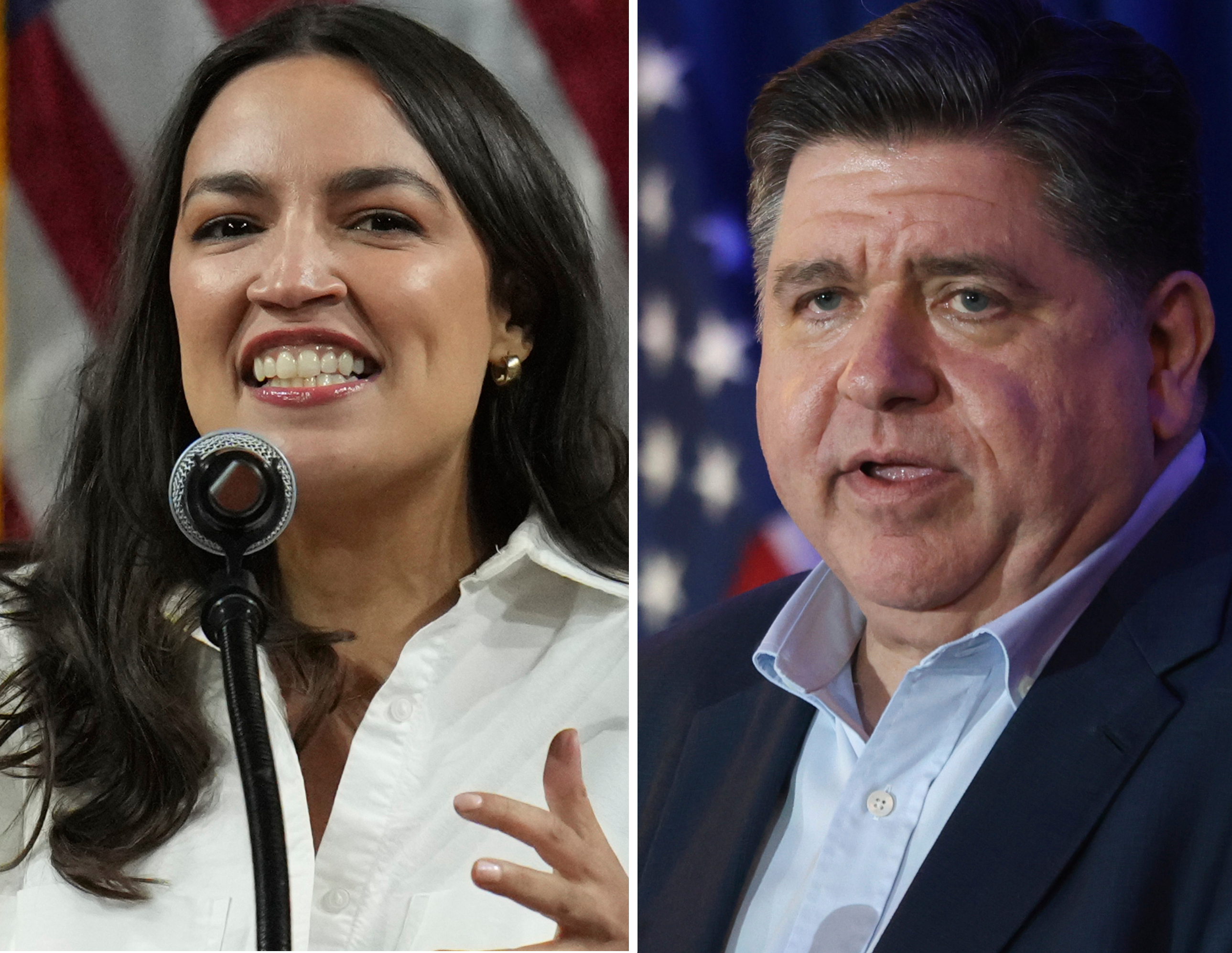 This photo combo shows Illinois Gov. JB Pritzker, right, speaking during the McIntyre-Shaheen 100 Club Dinner, April 27, 2025, in Manchester, N.H. and Rep. Alexandria Ocasio-Cortez, D-N.Y., speaking during a "Fighting Oligarchy" tour event at Arizona State University, March 20, 2025, in Tempe, Ariz. (AP Photo/Ross D. Franklin, Reba Saldanha)
