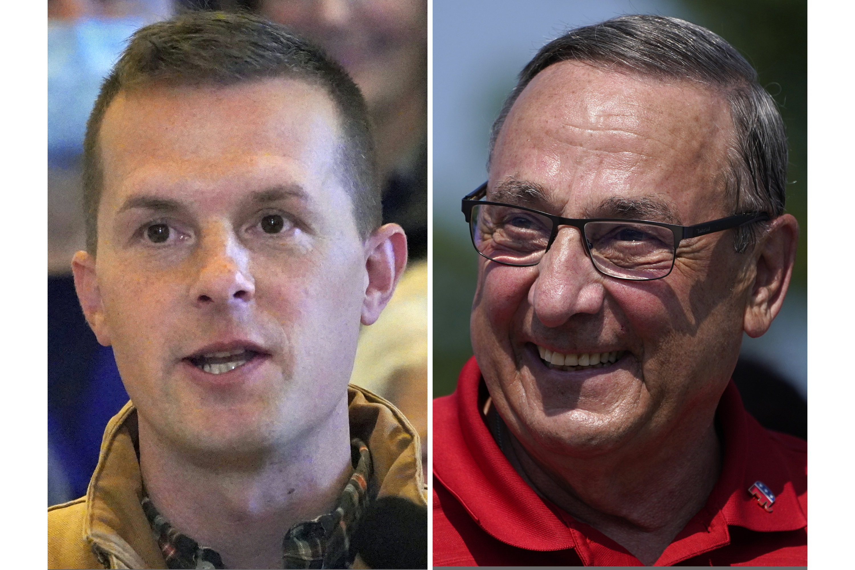 This photo combo shows Rep. Jared Golden, D-Maine, speaking at a news conference, Nov. 1, 2022, in Augusta, Maine and former Gov. Paul LePage marching in the State of Maine Bicentennial Parade, Aug. 21, 2021, in Lewiston, Maine. (AP Photo/Robert F. Bukaty, Files)