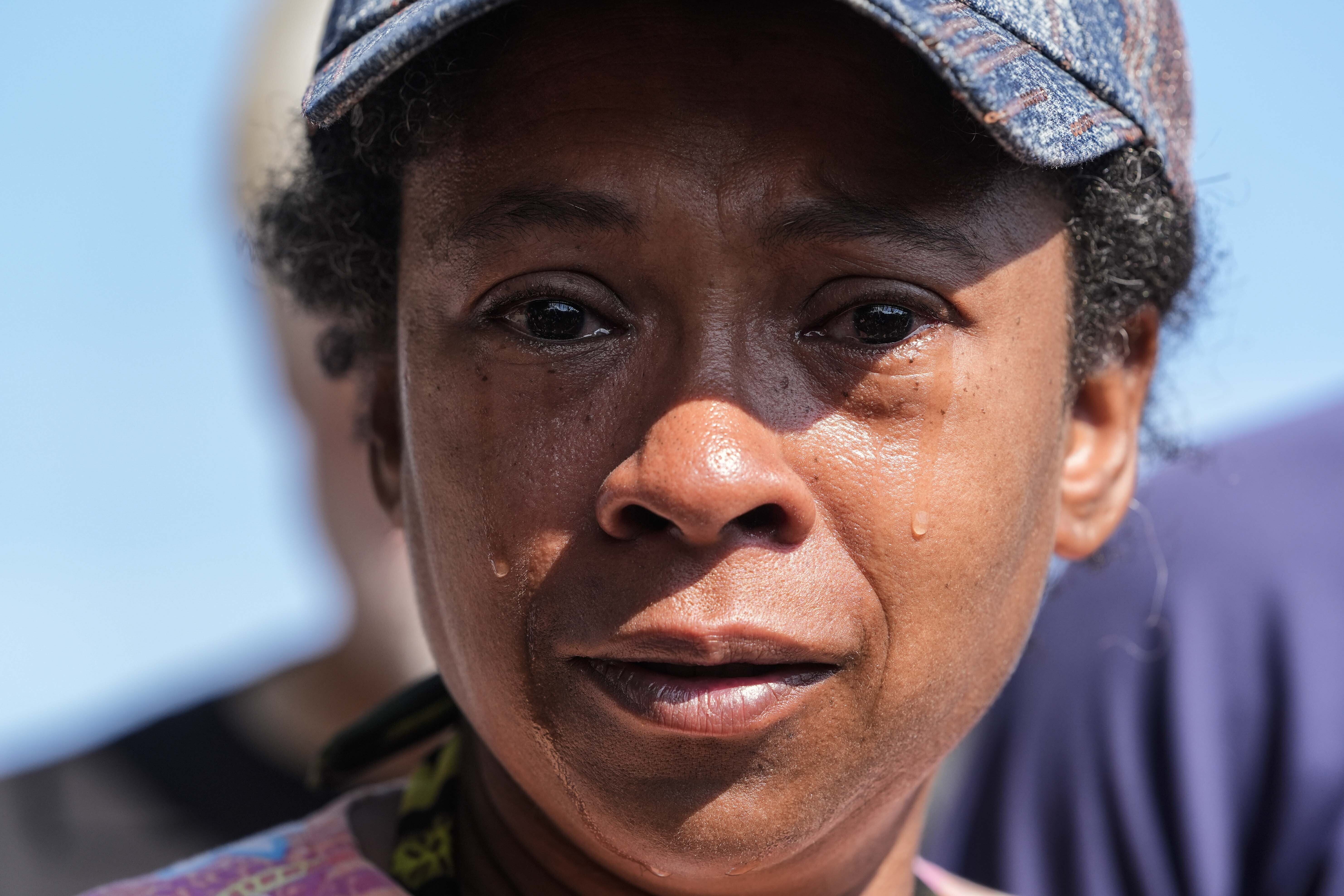FILE - Linda Sharpe, a releative of a man police shot and killed near the park speaks to the media near King Park during the second day of the 2024 Republican National Convention, July 16, 2024, in Milwaukee. (AP Photo/Alex Brandon, file)