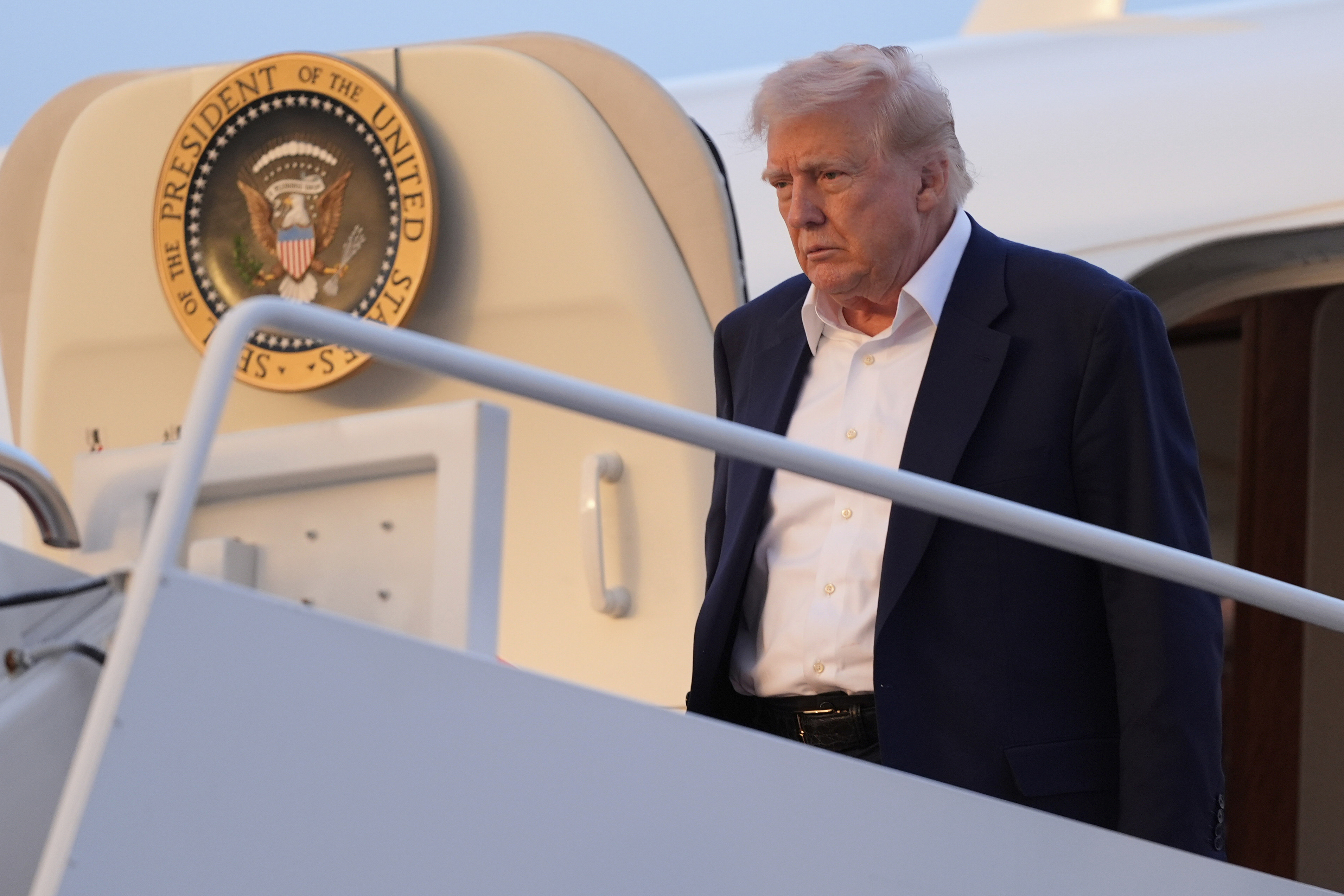 President Donald Trump arrives on Air Force One at Joint Base Andrews, Md., Sunday, May 4, 2025. (AP Photo/Manuel Balce Ceneta)