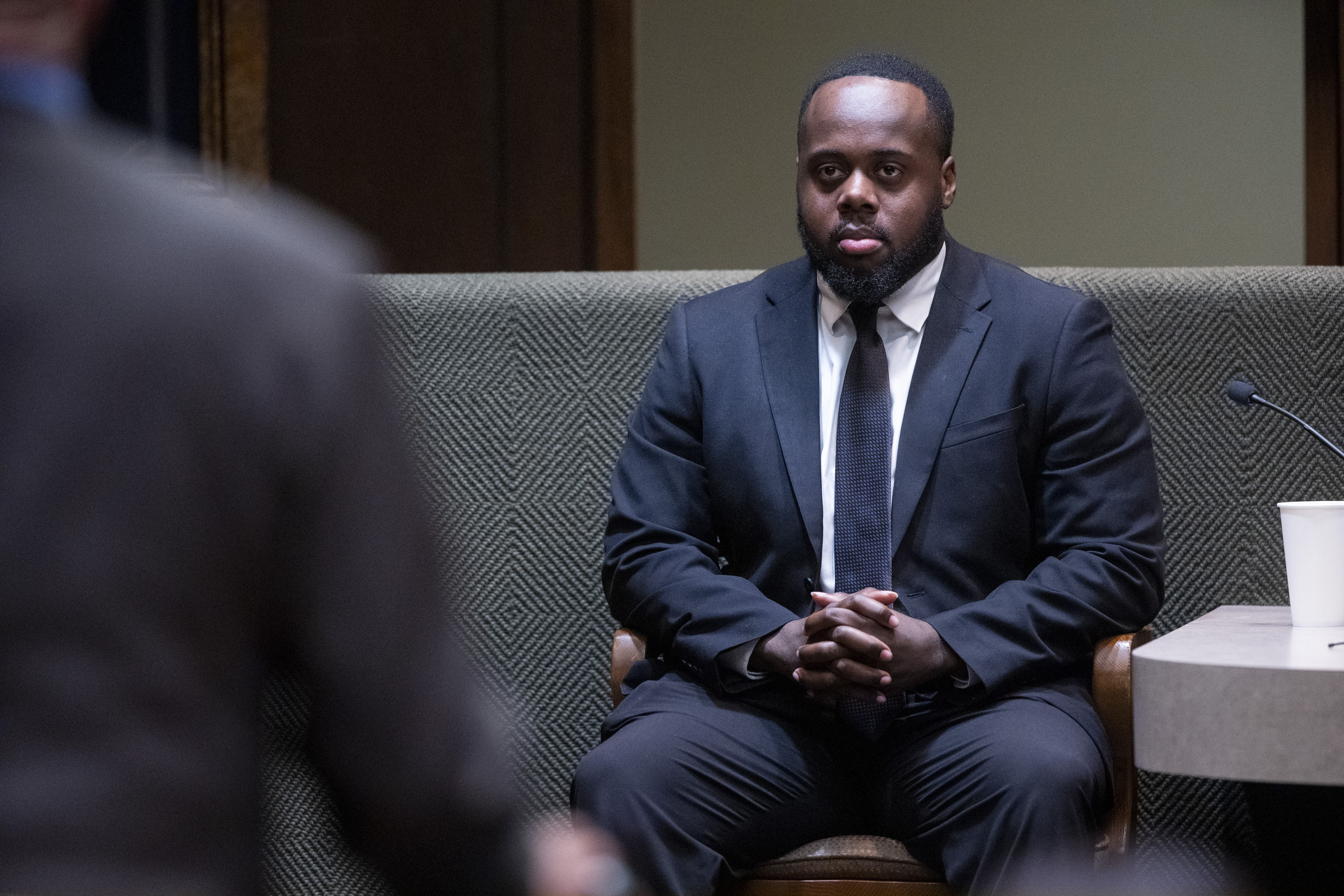 Former Memphis Police Department officer Tadarrius Bean, one of three former officers charged with fatally beating Tyre Nichols in 2023, takes the stand to decline to testify on his own behalf during the sixth day of the trial, Saturday, May 3, 2025, in Memphis, Tenn. (Chris Day/The Commercial Appeal via AP, Pool)