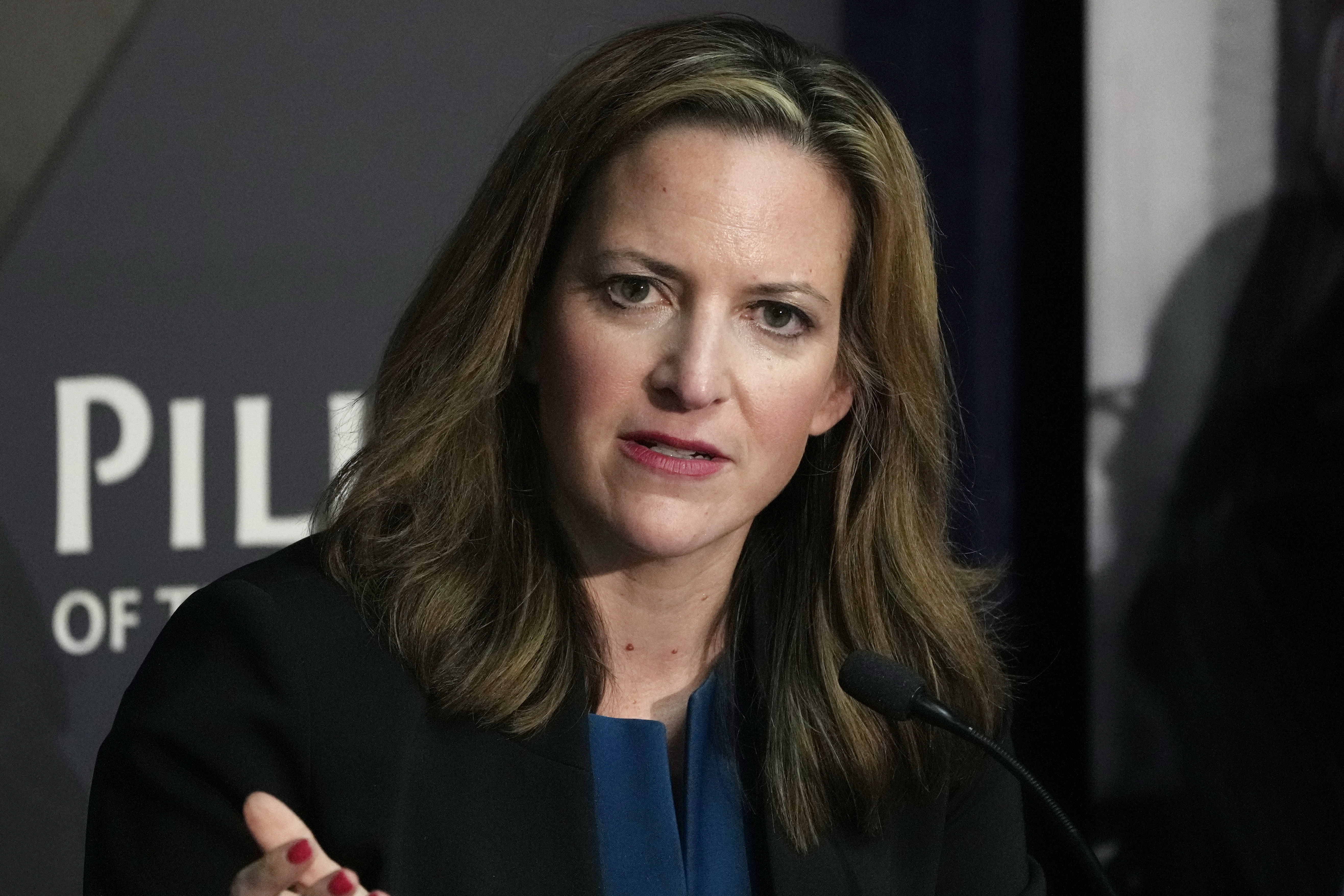 FILE - Michigan Secretary of State Jocelyn Benson participates in an election forum, in Ann Arbor, Mich., Sept. 19, 2024. (AP Photo/Carlos Osorio, File)