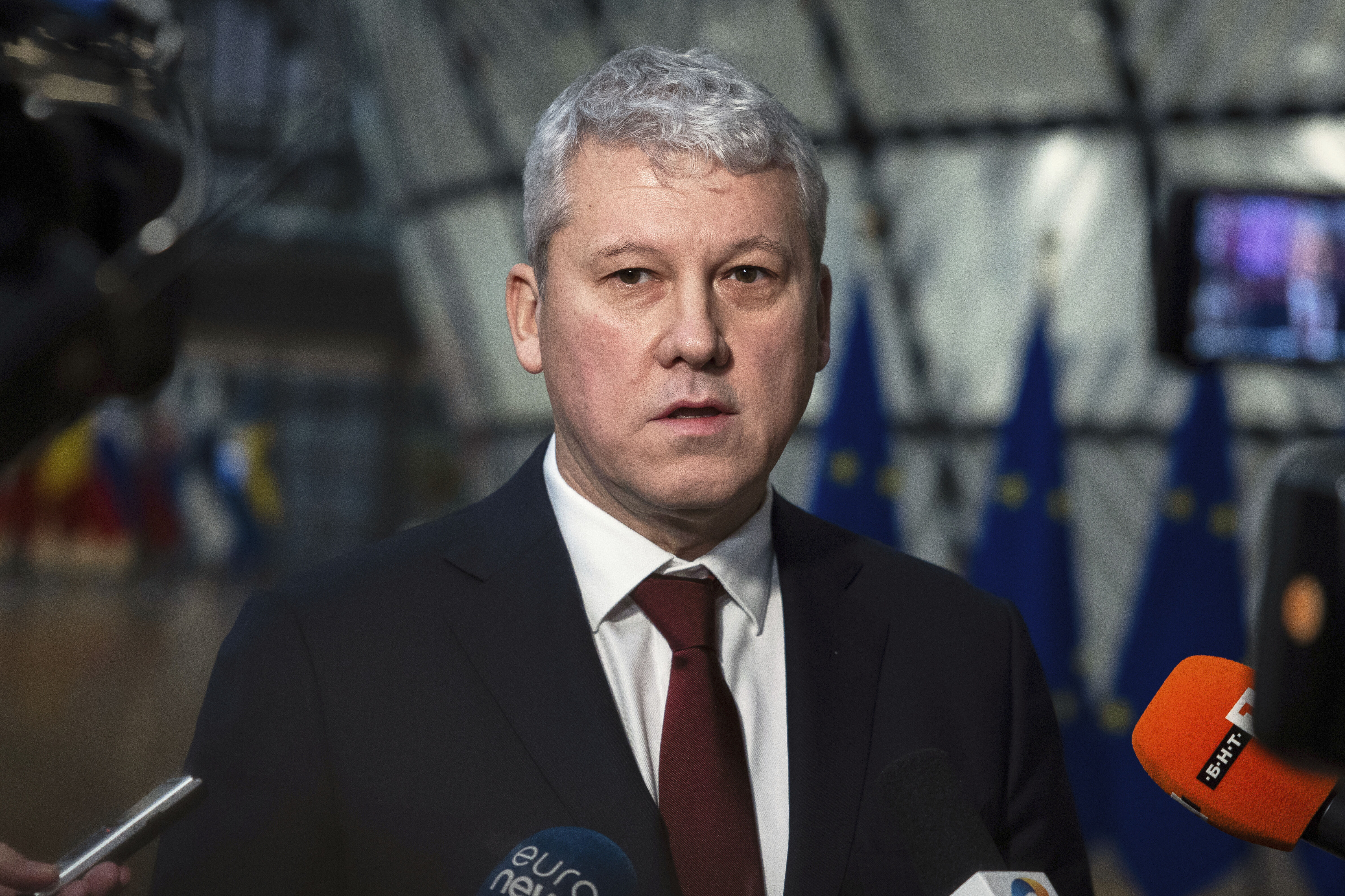 FILE - Romanian Interior Minister Catalin Predoiu speaks to the media at the European Council building in Brussels, Dec 12, 2024. (AP Photo/Omar Havana, File)
