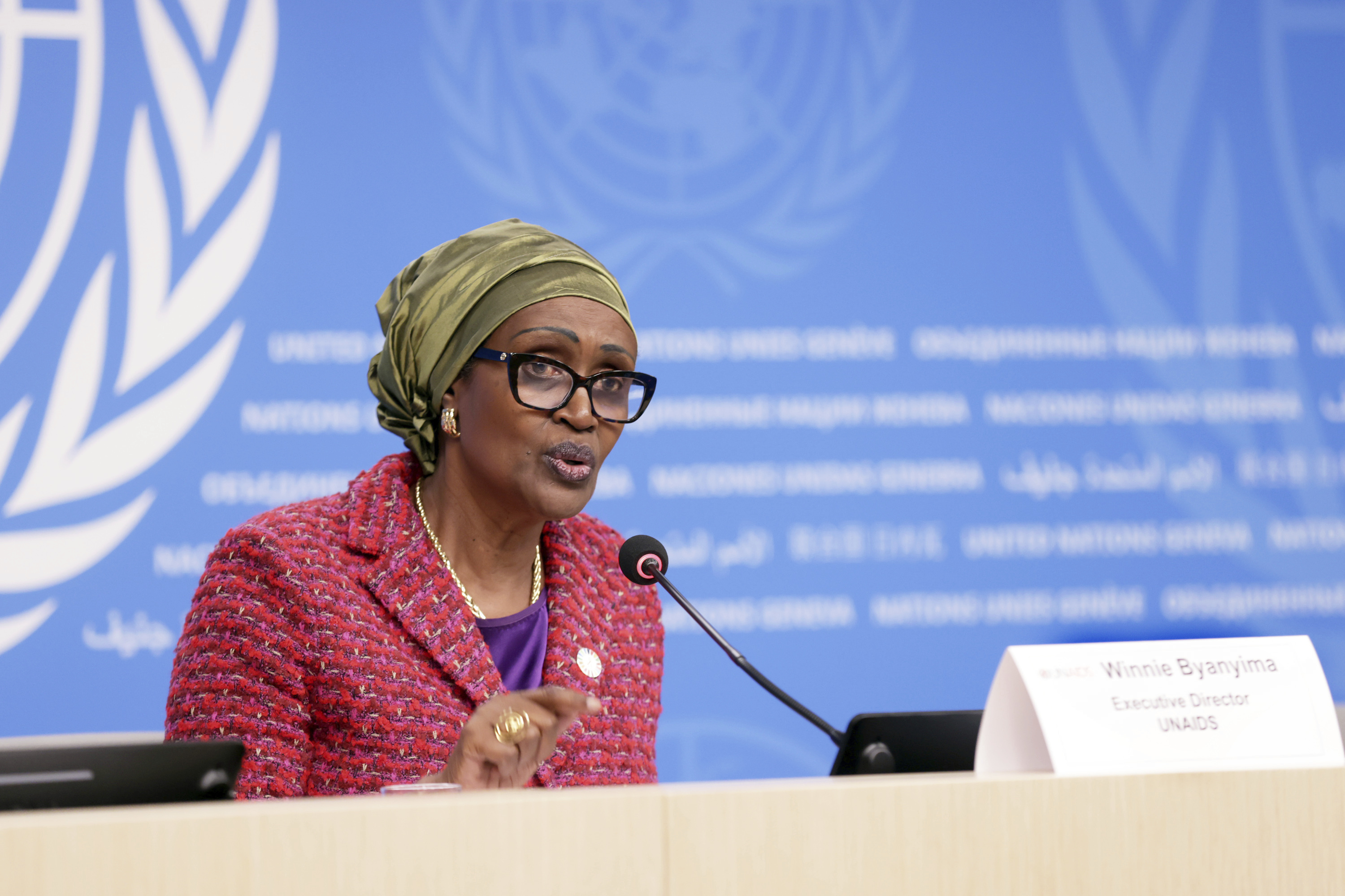 FILE - Winnie Byanyima, Executive Director of UNAIDS, speaks during a press briefing at the Palais des Nations in Geneva, Switzerland, March 24, 2025. (Roman Levchkenko/UNAIDS via AP, file)