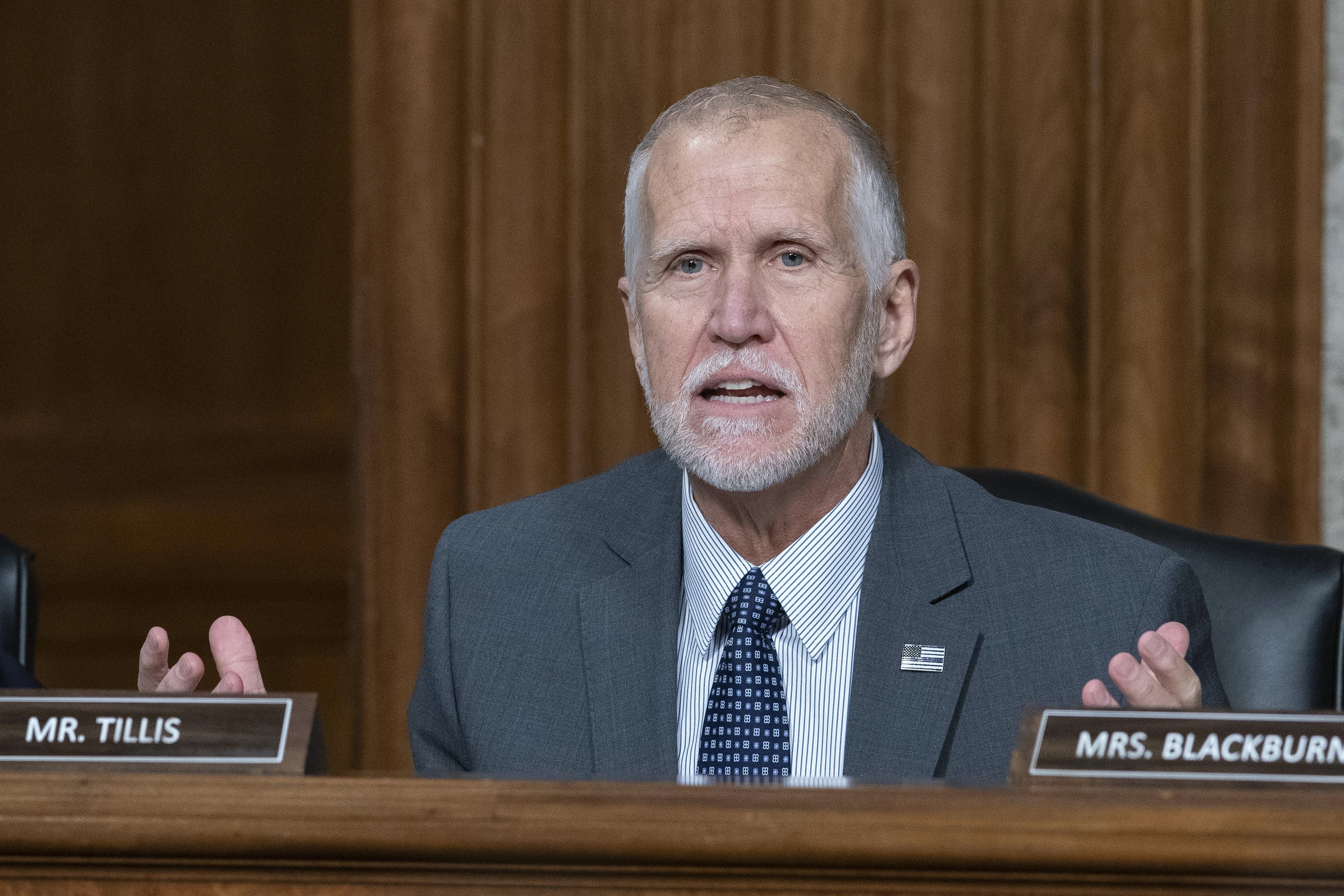 FILE - Sen. Thom Tillis, R-N.C., questions Robert F. Kennedy Jr., President Donald Trump's choice to be the Secretary of Health and Human Services, as he testifies before the Senate Finance Committee during his confirmation hearing, at the Capitol in Washington, Wednesday, Jan. 29, 2025. (AP Photo/Jose Luis Magana, file)