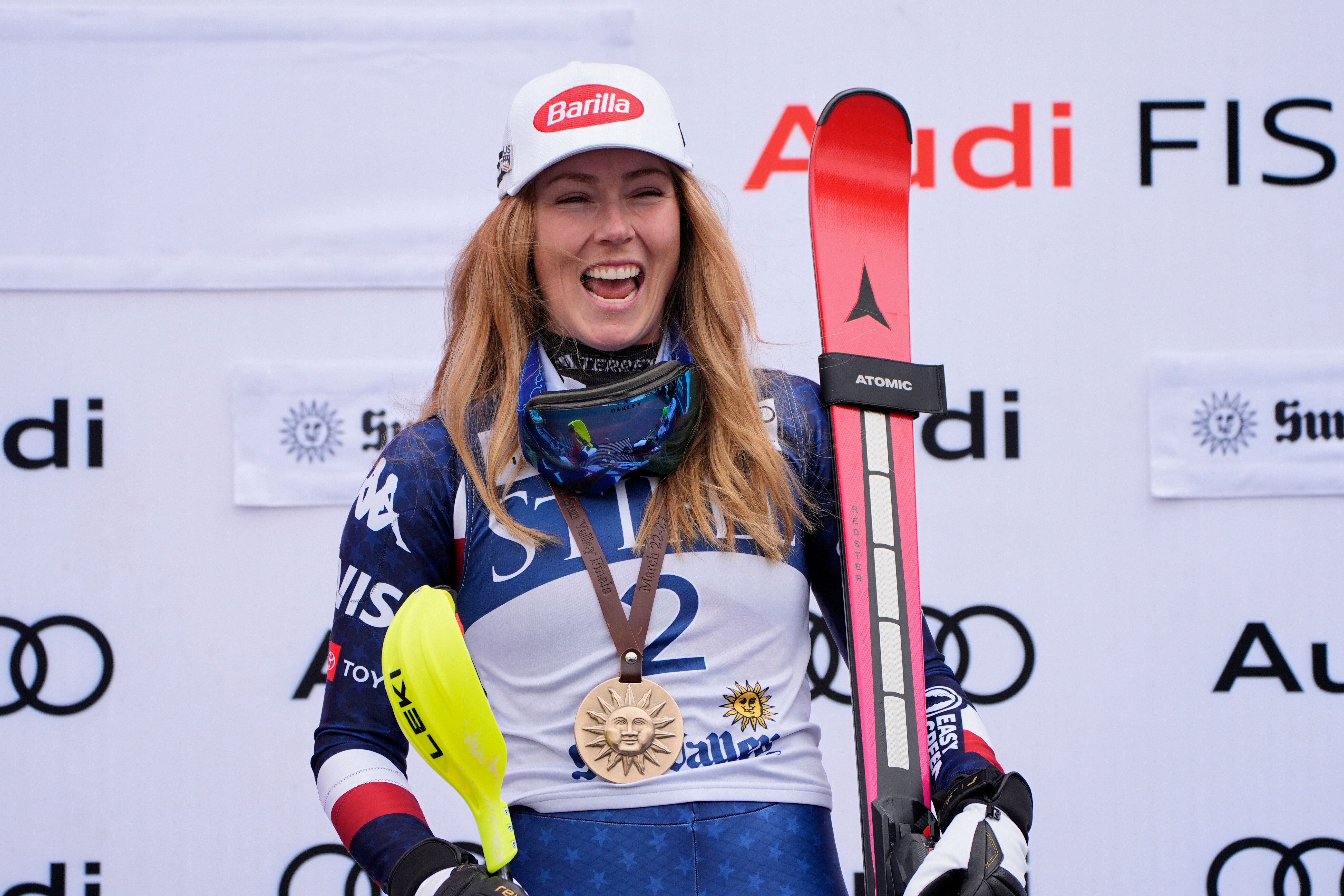 FILE - United States' Mikaela Shiffrin reacts on the podium after winning the women's slalom at the World Cup Finals, Thursday, March 27, 2025, in Sun Valley, Idaho. (AP Photo/John Locher, File)
