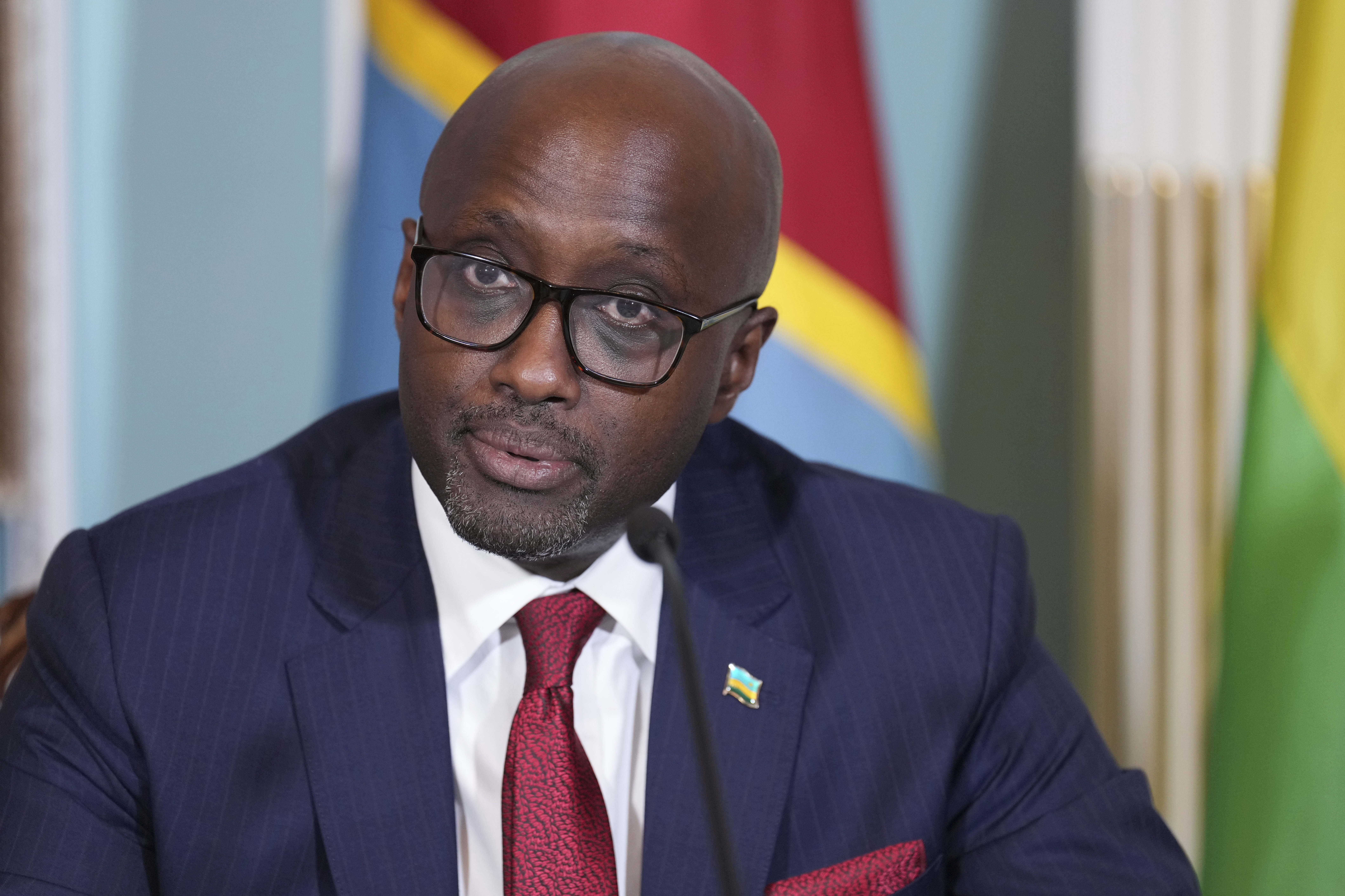 Rwanda's Foreign Minister Olivier Nduhungirehe, speaks during a Declaration of Principles signing ceremony with Secretary of State Marco Rubio and Congo's Foreign Minister Therese Kayikwamba Wagner, Friday, April 25, 2025, at the State Department in Washington. (AP Photo/Jacquelyn Martin)