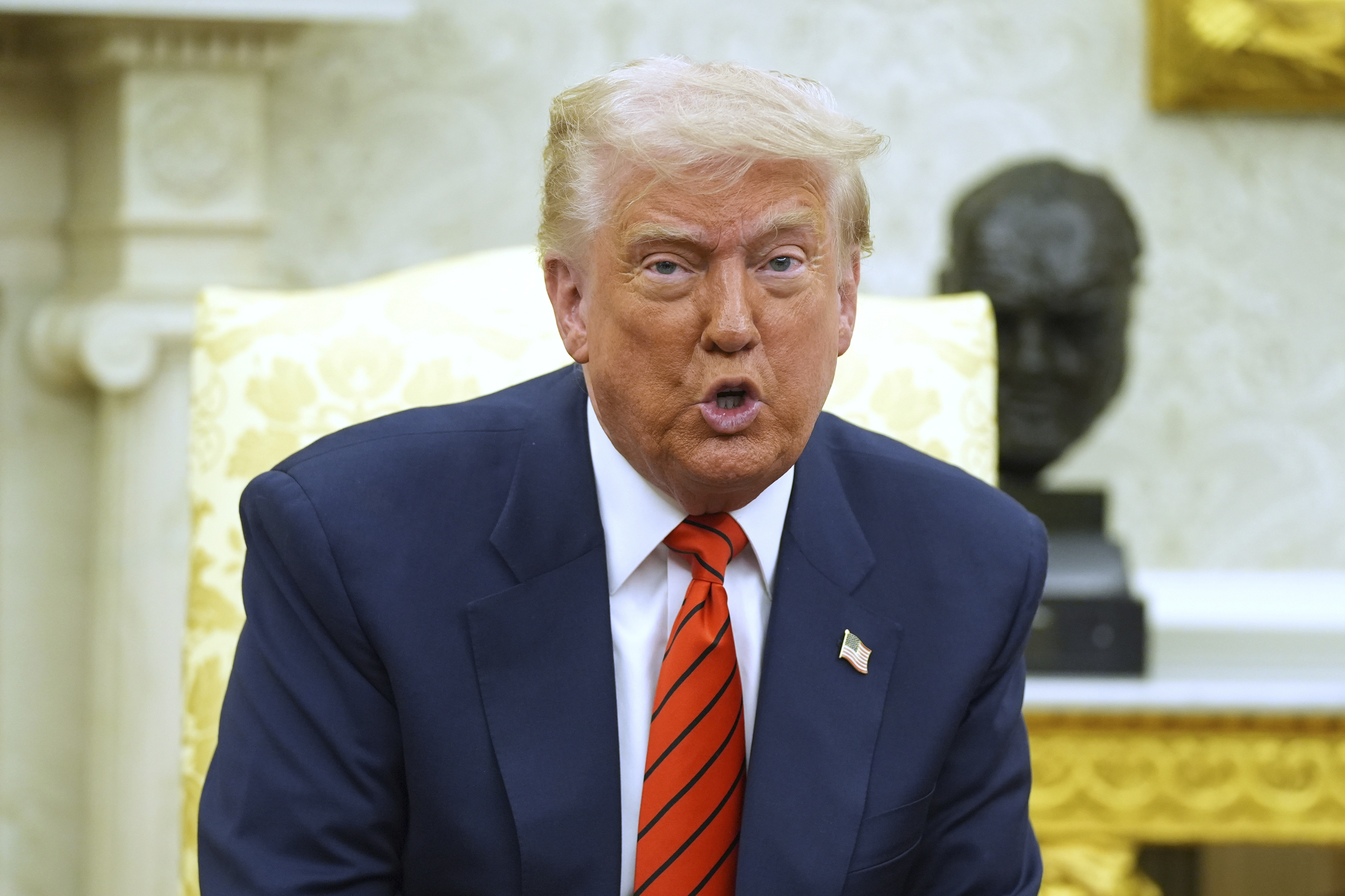 President Donald Trump speaks during a meeting with Canadian Prime Minister Mark Carney in the Oval Office of the White House, Tuesday, May 6, 2025, in Washington. (AP Photo/Evan Vucci)