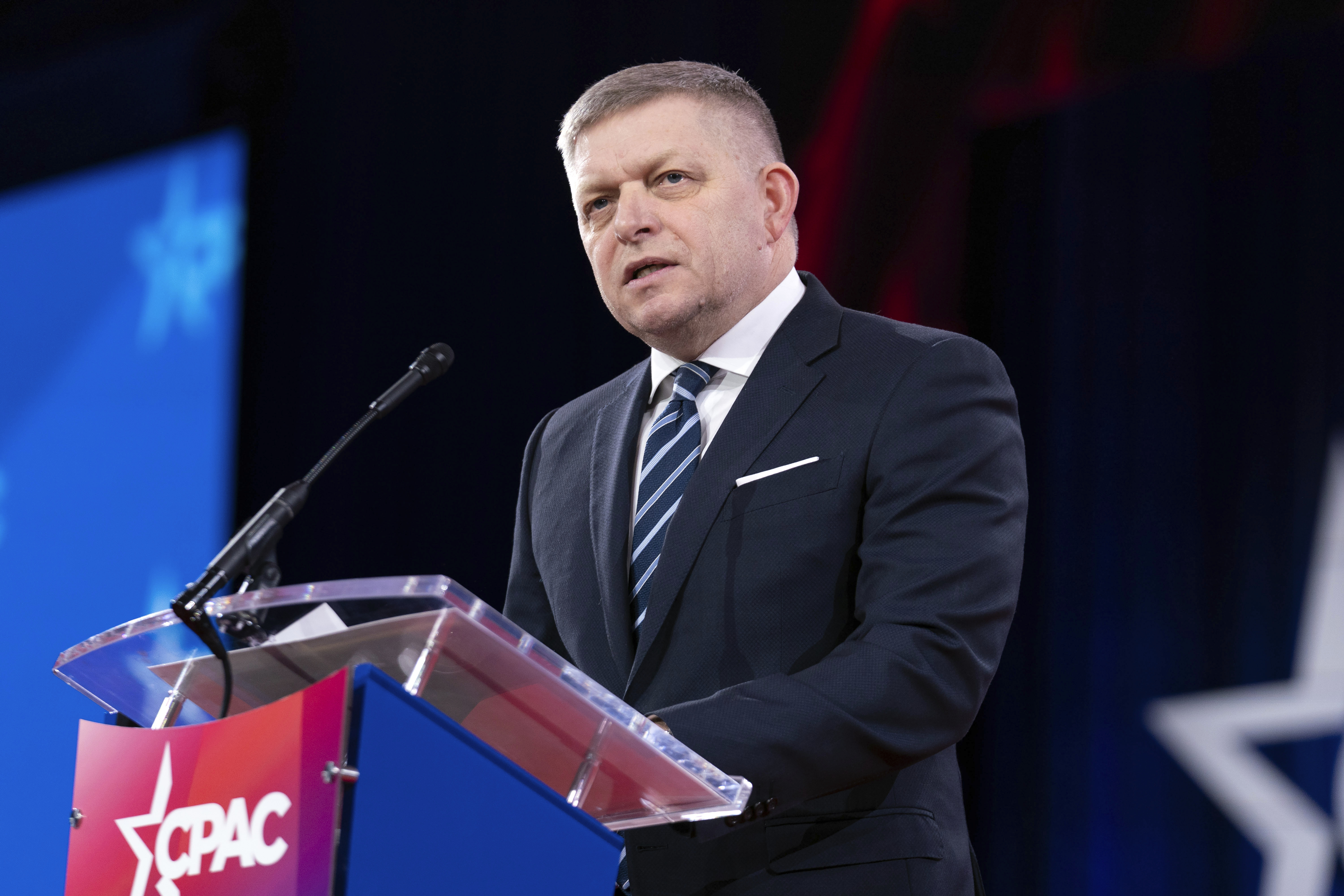 FILE - Slovakia's Prime Minister Robert Fico speaks at the Conservative Political Action Conference, CPAC, at the Gaylord National Resort & Convention Center, Feb. 21, 2025, in Oxon Hill, Md. (AP Photo/Jose Luis Magana, File)