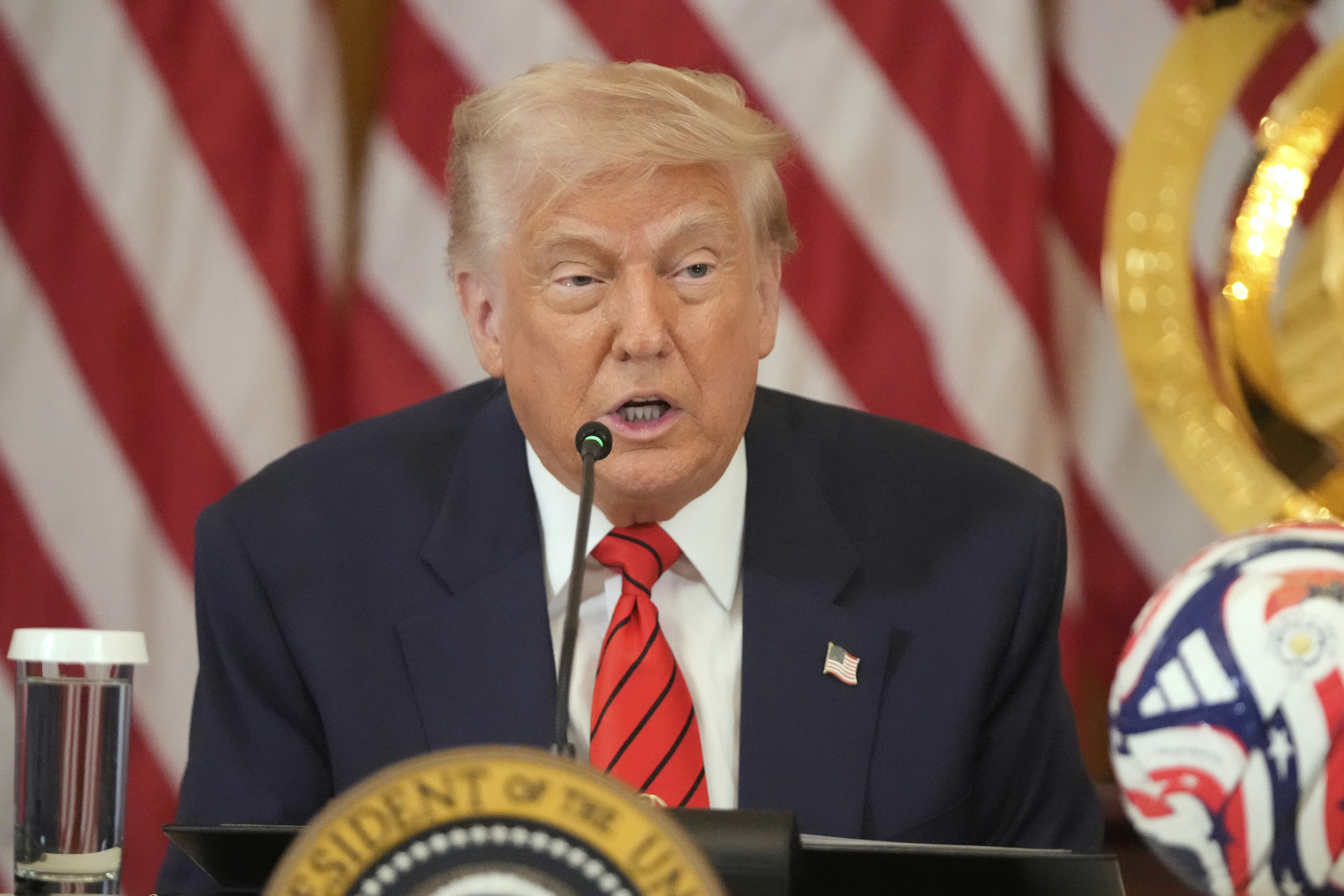 President Donald Trump speaks during a FIFA task force meeting in the East Room of the White House, Tuesday, May 6, 2025, in Washington. (AP Photo/Mark Schiefelbein)