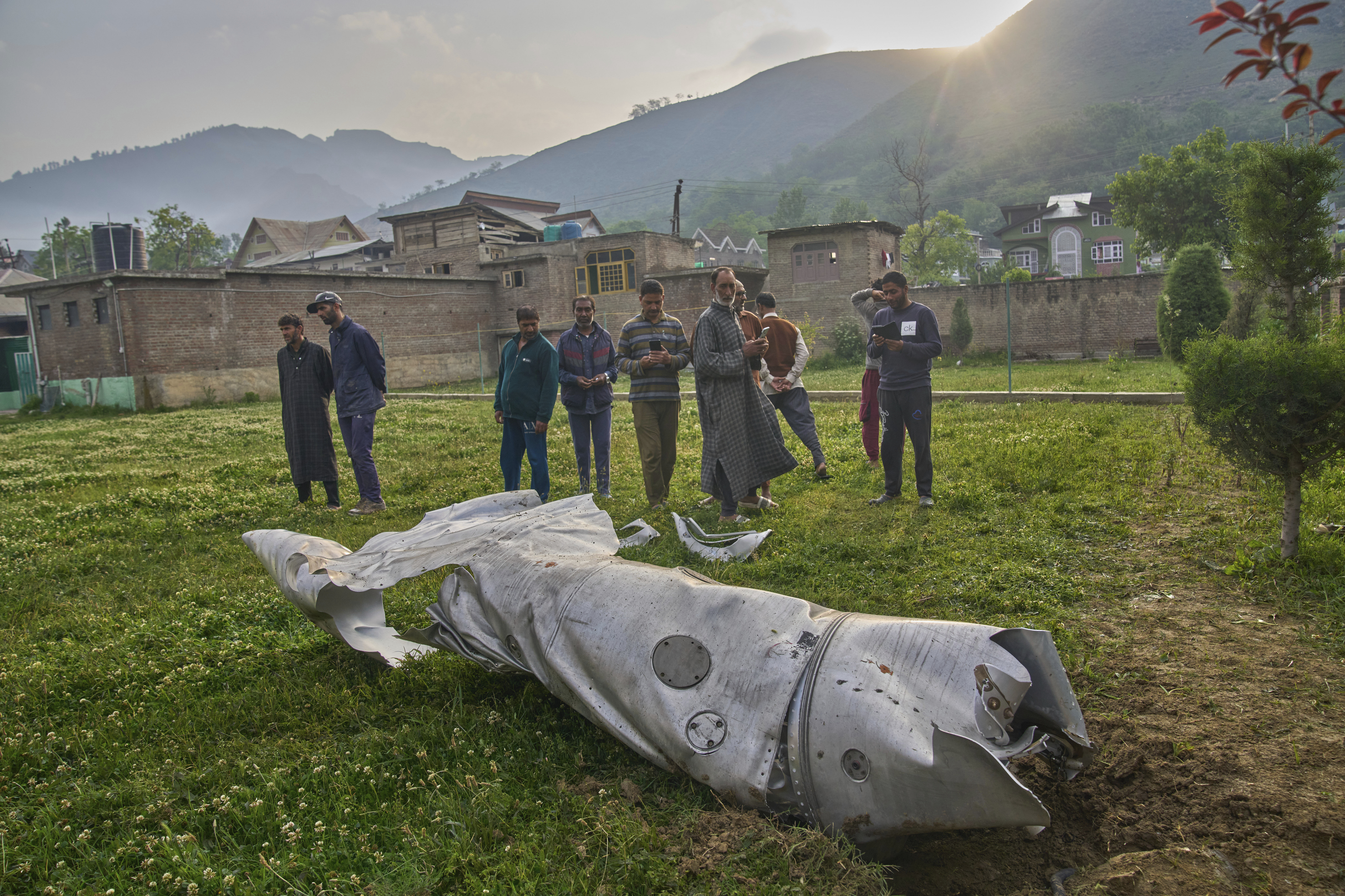 Debris of an aircraft lie in the compound of a mosque at Pampore in Pulwama district of Indian controlled Kashmir, Wednesday, May 7, 2025. (AP Photo/Dar Yasin)