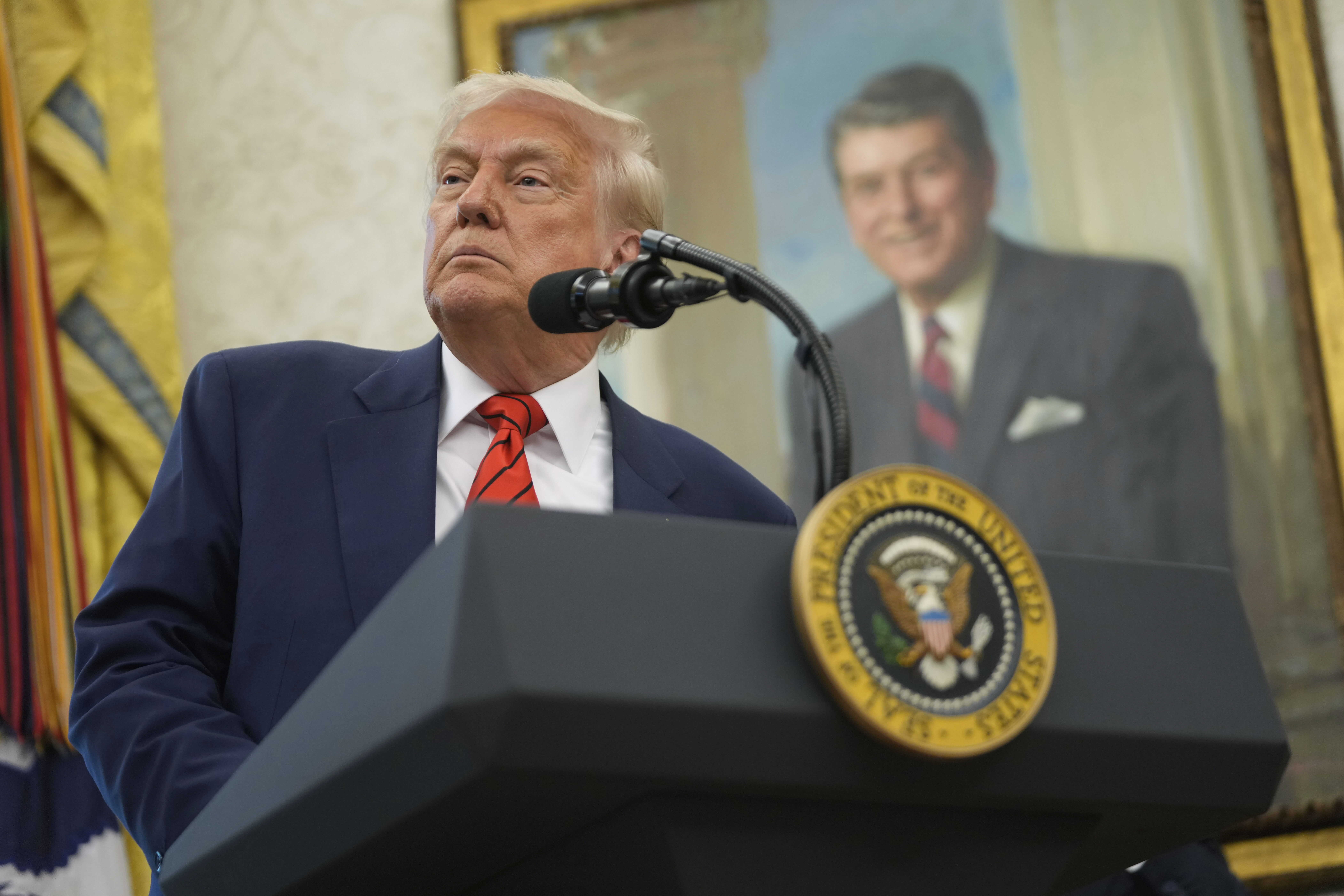 President Donald Trump speaks before Steve Witkoff is sworn as special envoy during a ceremony in the Oval Office of the White House, Tuesday, May 6, 2025, in Washington. (AP Photo/Mark Schiefelbein)