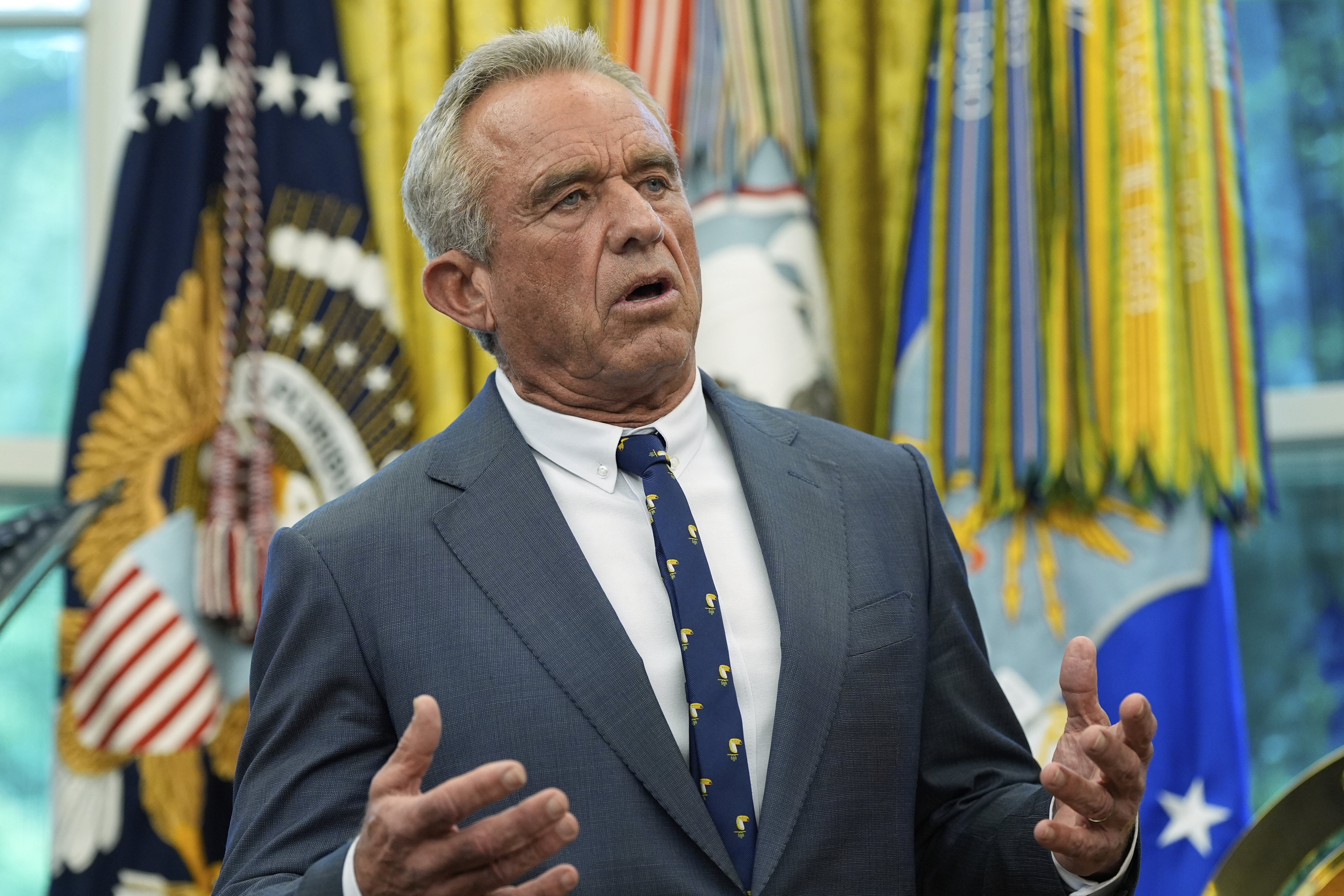 Health and Human Services Secretary Robert F. Kennedy Jr. speaks during an event with President Donald Trump to sign executive orders and proclamations in the Oval Office of the White House, Monday, May 5, 2025, in Washington. (AP Photo/Alex Brandon)