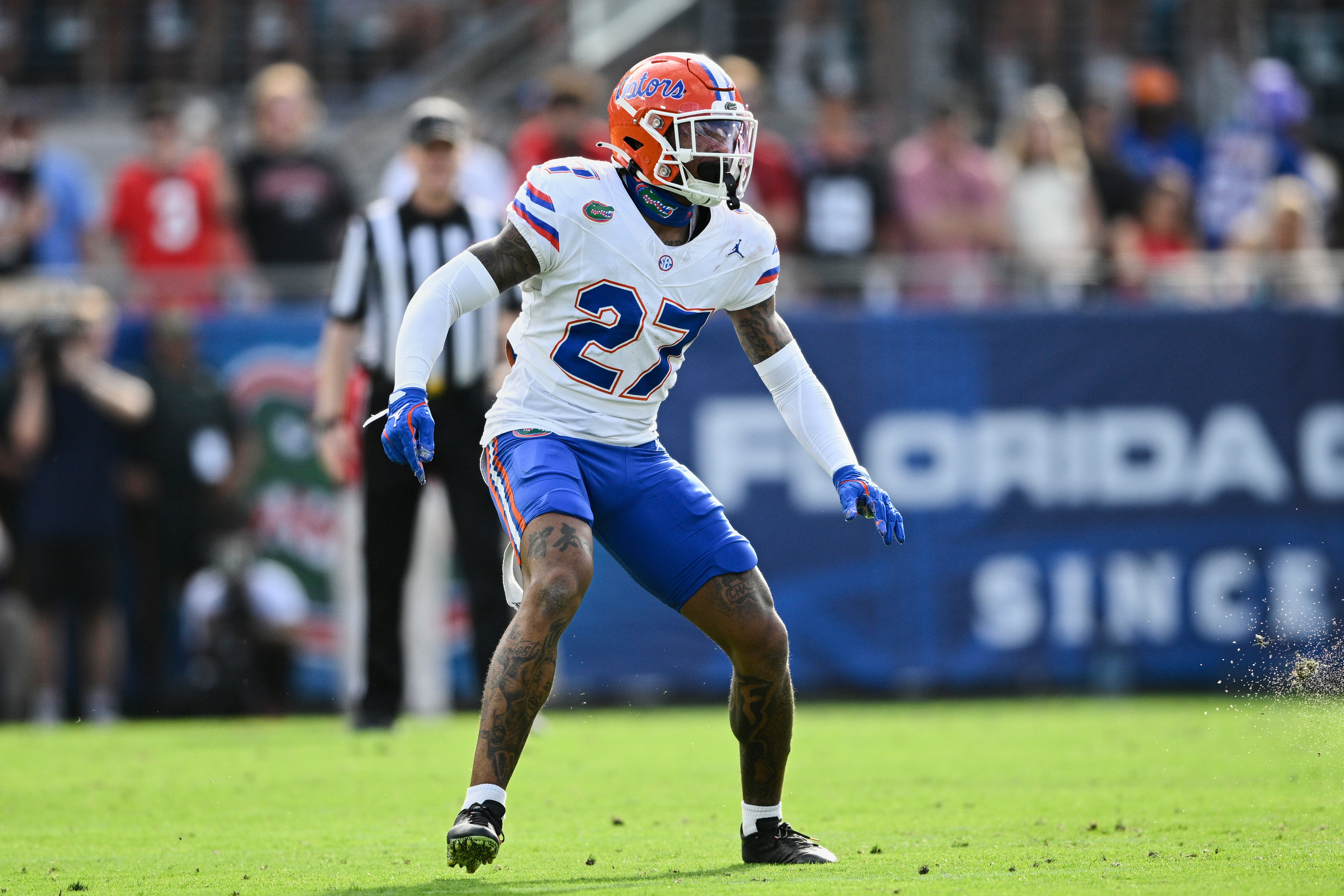 FILE - Florida defensive back Dijon Johnson (27) follows a play against Georgia during the first half of an NCAA college football game, Saturday, Nov. 2, 2024, in Jacksonville, Fla. (AP Photo/Phelan M. Ebenhack, File)