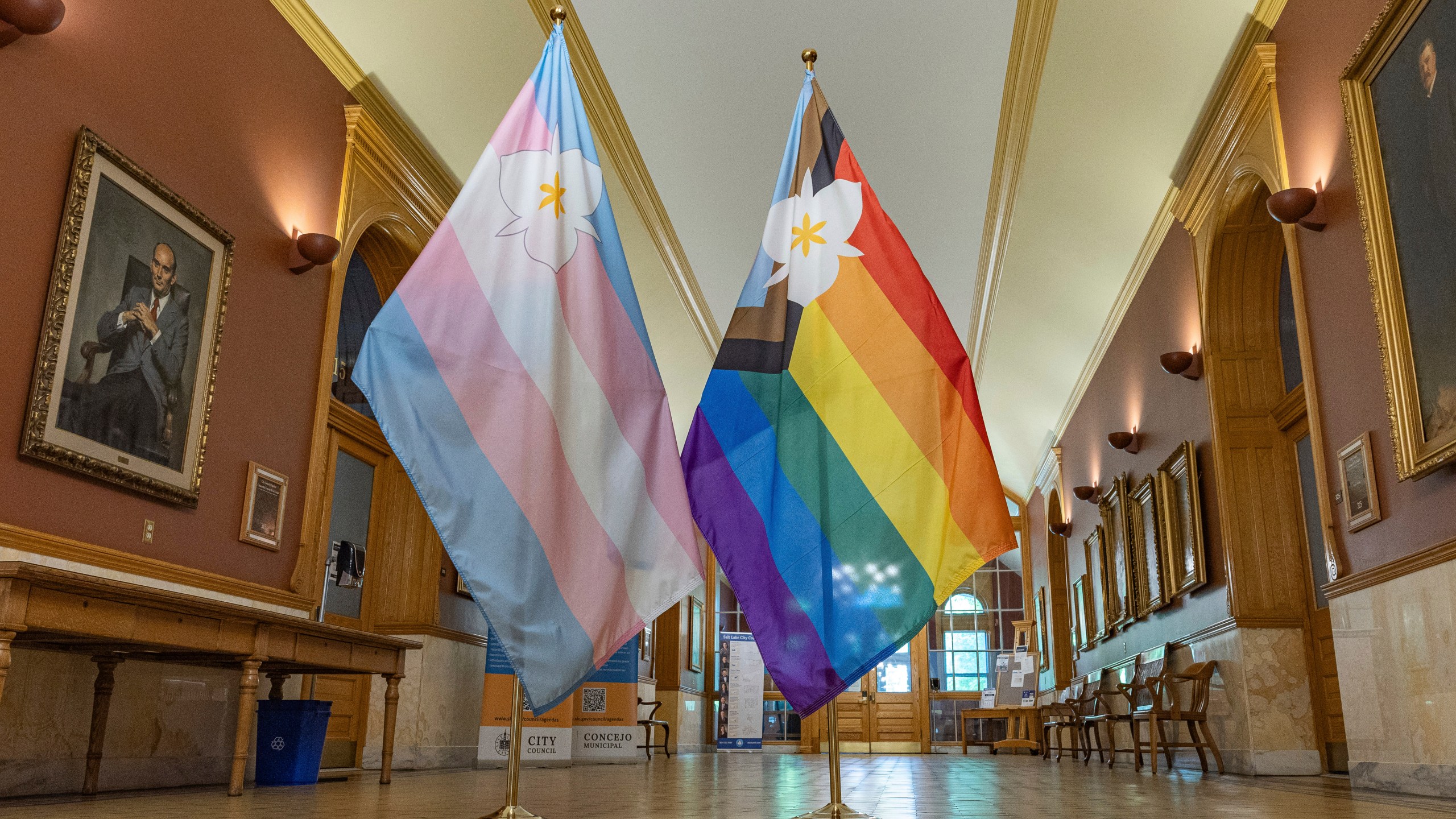The newly adopted city flags are displayed at the Salt Lake City and County building showing support for LGBTQ+ in defiance of their state's Republican controlled Legislature, Wednesday, May 7, 2025, in Salt Lake City. (AP Photo/Melissa Majchrzak)