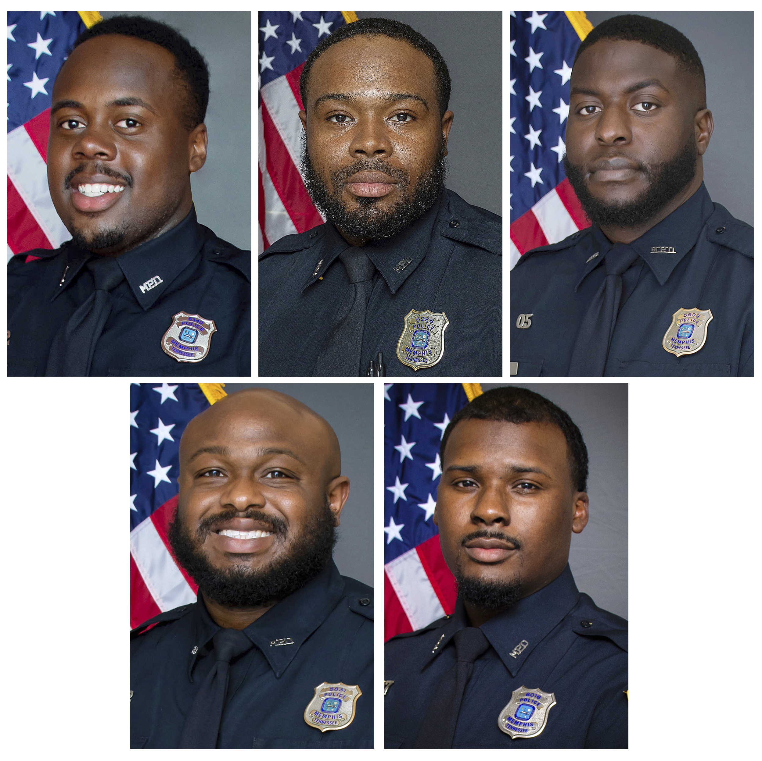 FILE - This combination of images provided by the Memphis, Tenn., Police Department shows, from top row from left, Police Officers Tadarrius Bean, Demetrius Haley, Emmitt Martin III, bottom row from left, Desmond Mills, Jr. and Justin Smith. (Memphis Police Department via AP, File)