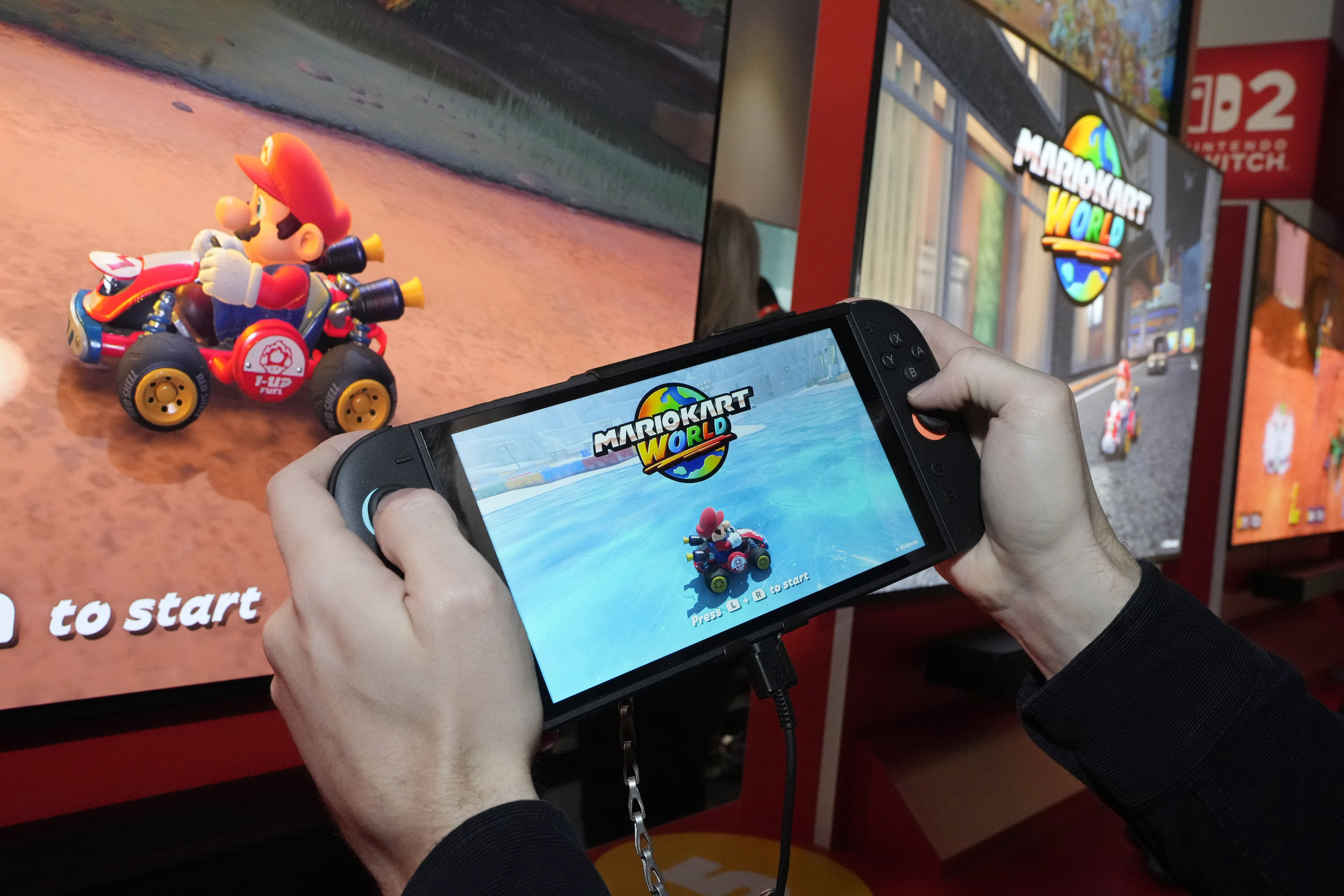 FILE - The Nintendo Switch 2 is demonstrated during a media event, in New York, Wednesday, April 2, 2025. (AP Photo/Richard Drew, File)