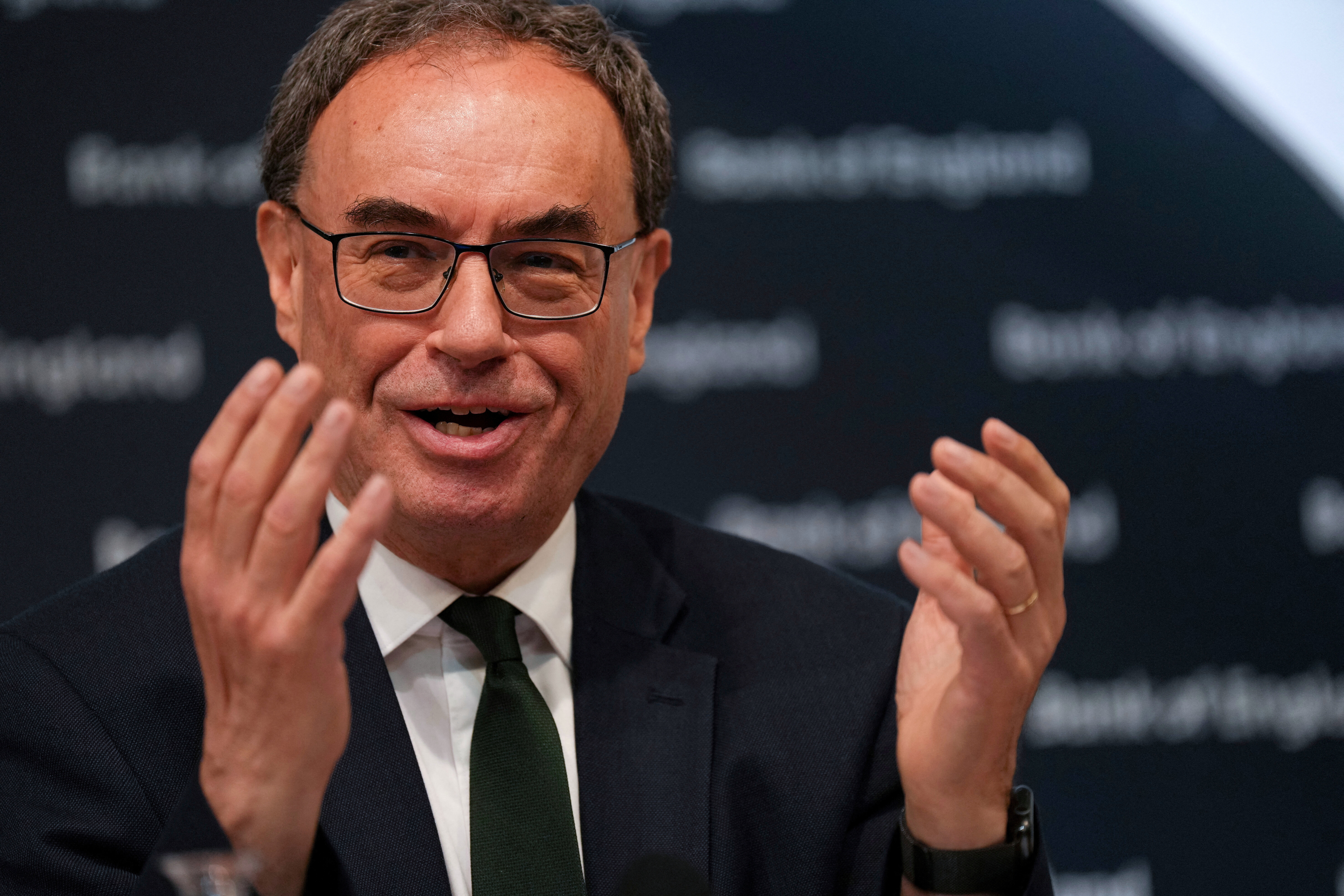 Bank of England Governor Andrew Bailey gestures, during the Monetary Policy Report press conference in London, Thursday, May 8, 2025. (Carlos Jasso/Pool Photo via AP)