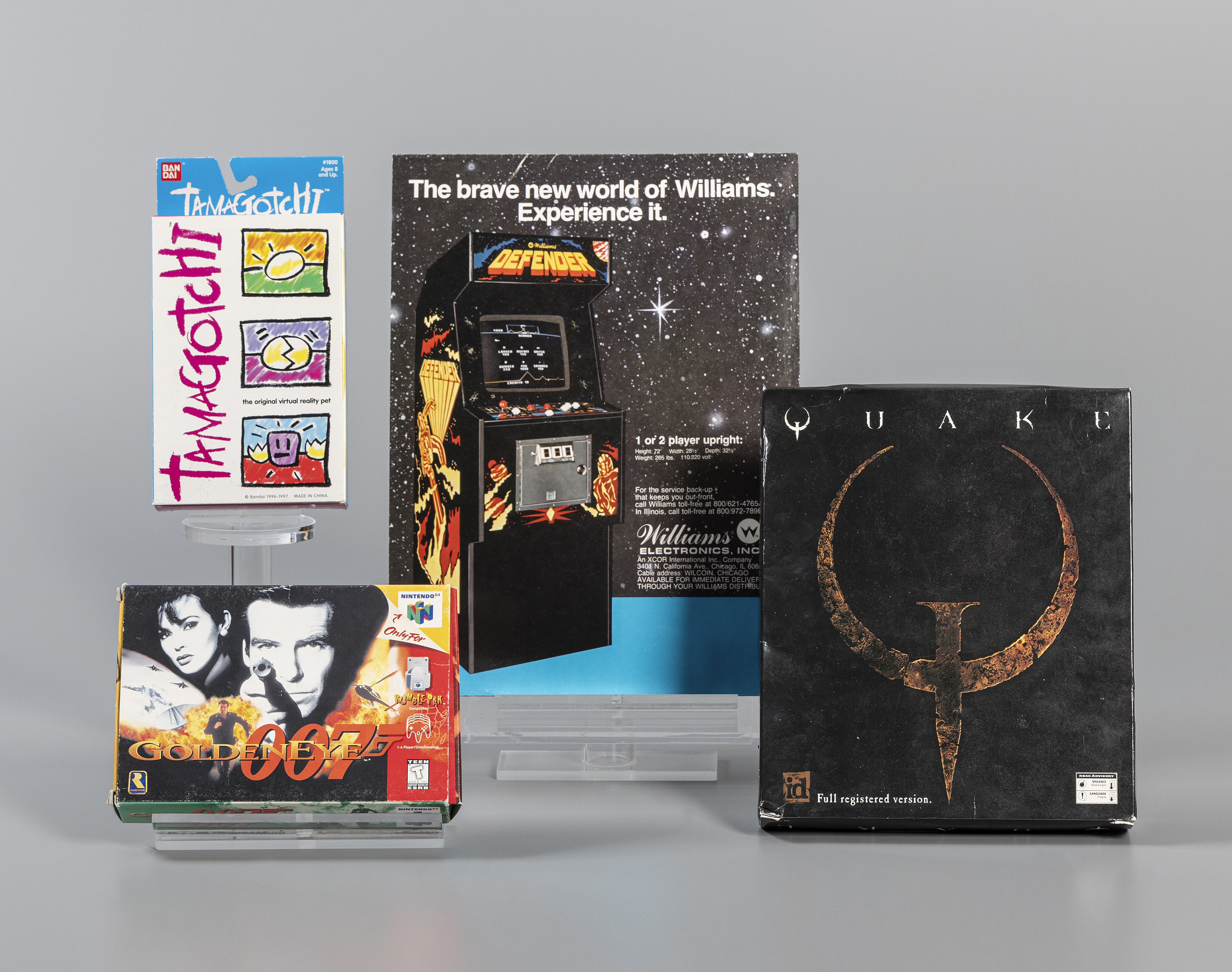 This photo, provided by The Strong Museum in Rochester, N.Y., shows "Defender", "GoldenEye 007", "Quake", and "Tamagotchi", the newest inductees into the World Video Game Hall of Fame. (The Strong Museum via AP)
