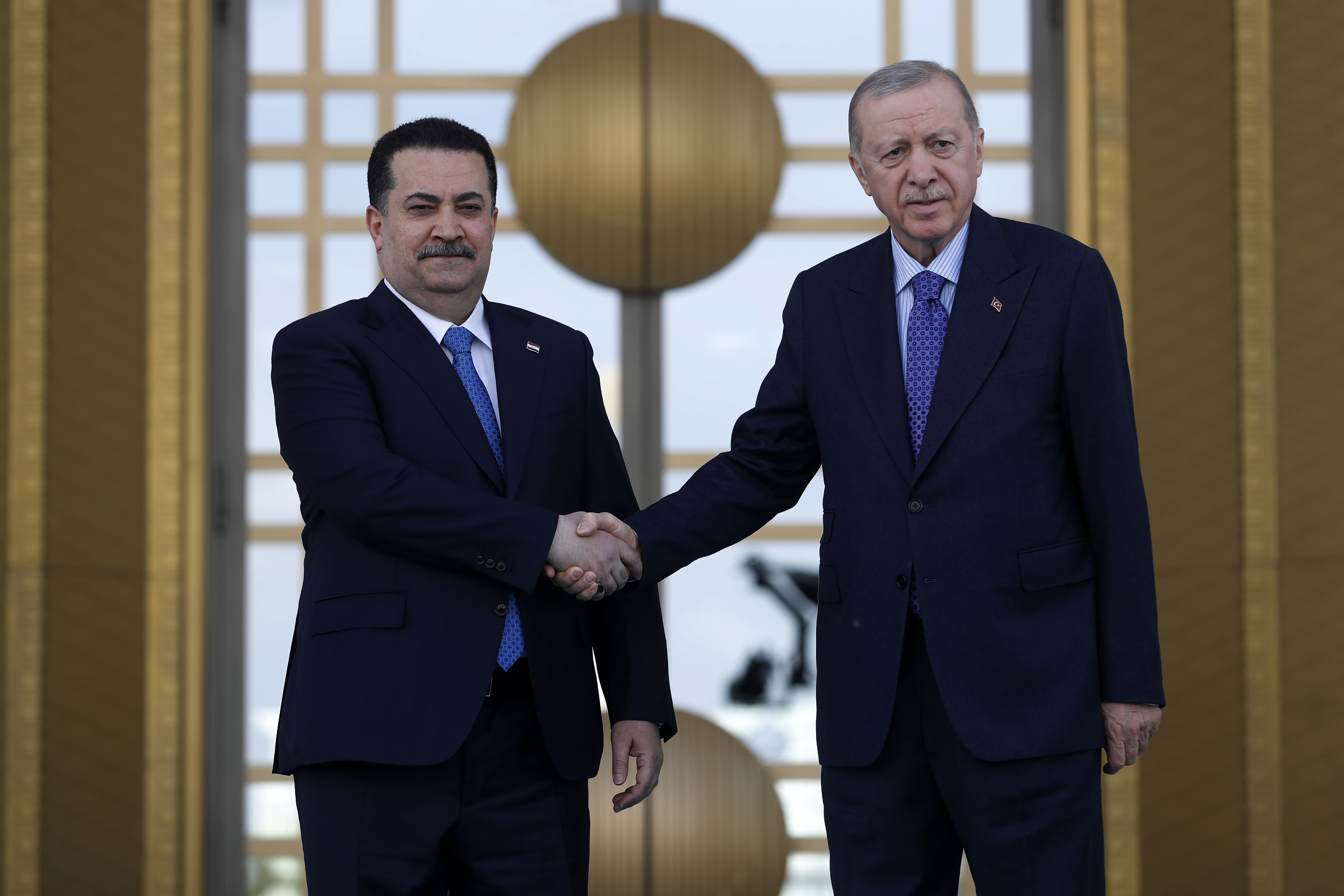Turkish President Recep Tayyip Erdogan, right, receives Iraq's Prime Minister Mohammed Shia al-Sudani during his official visit to Turkey, in Ankara on Thursday, May 8, 2025. (Ahmad Al-Rubaye /Pool Photo via AP,)