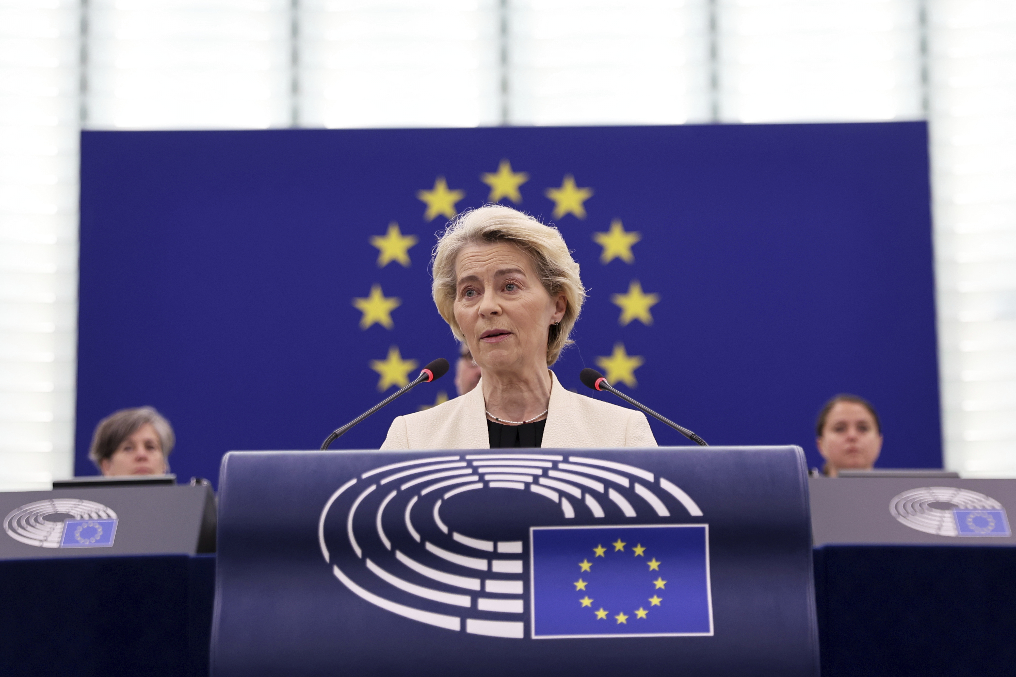 European Commission President Ursula Von der Leyen delivers her speech on EU support for peace in Ukraine, Wednesday, May 7, 2025 at the European Parliament in Strasbourg, eastern France. (AP Photo/Antonin Utz)