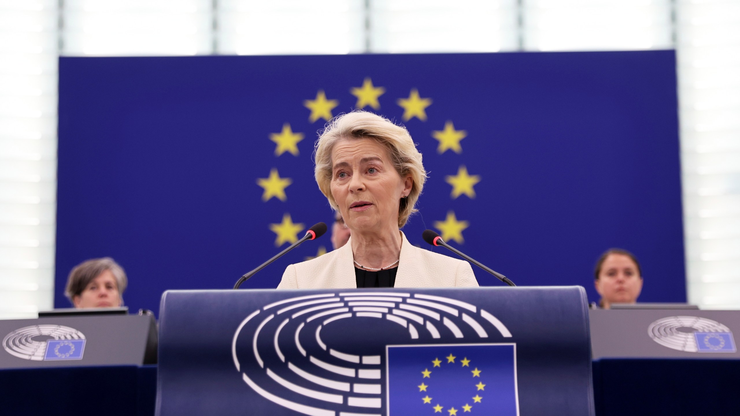 European Commission President Ursula Von der Leyen delivers her speech on EU support for peace in Ukraine, Wednesday, May 7, 2025 at the European Parliament in Strasbourg, eastern France. (AP Photo/Antonin Utz)