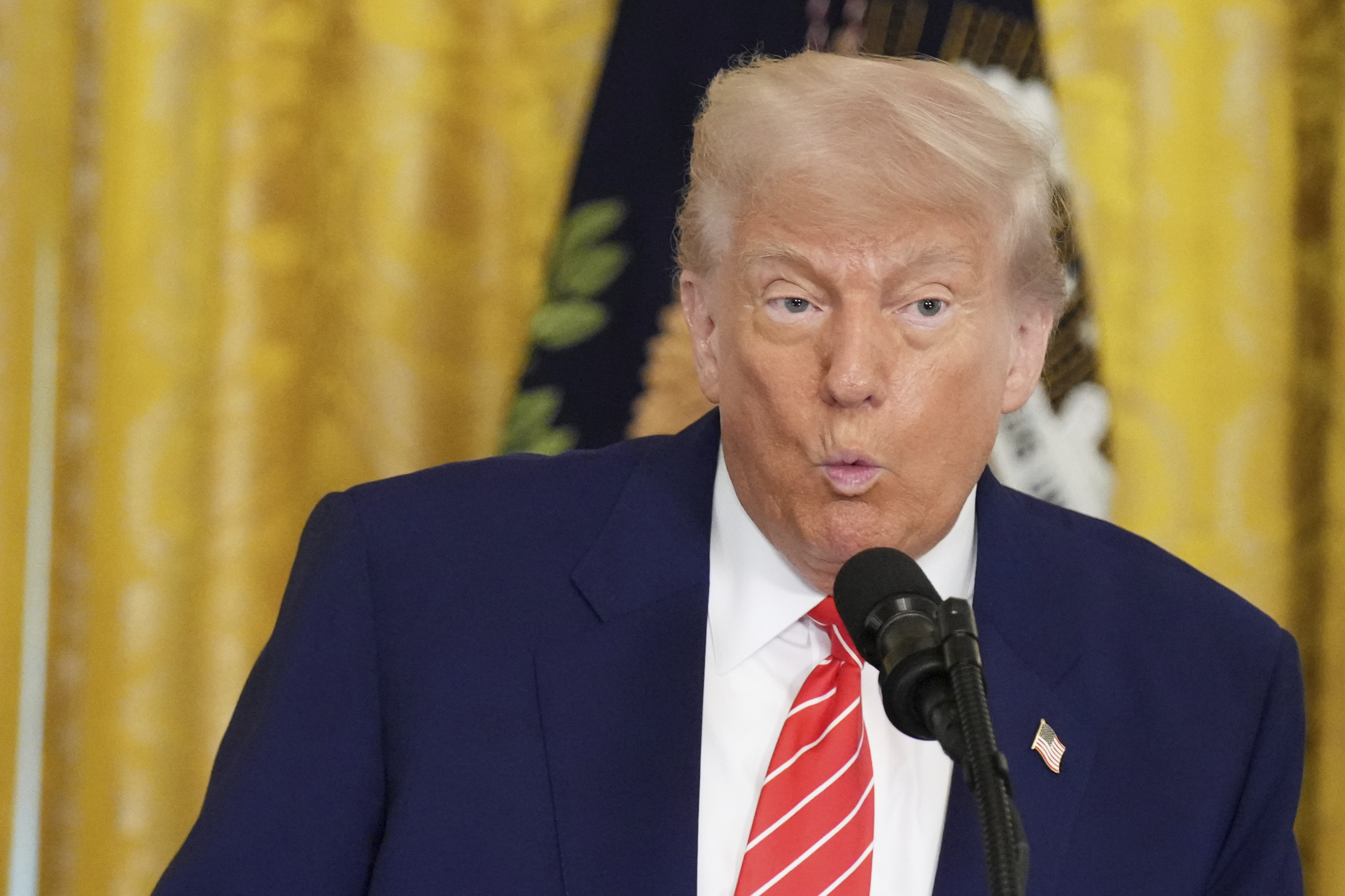 President Donald Trump speaks at an event for Military Mothers, Thursday, May 8, 2025, in the East Room of the White House in Washington. (AP Photo/Jacquelyn Martin)