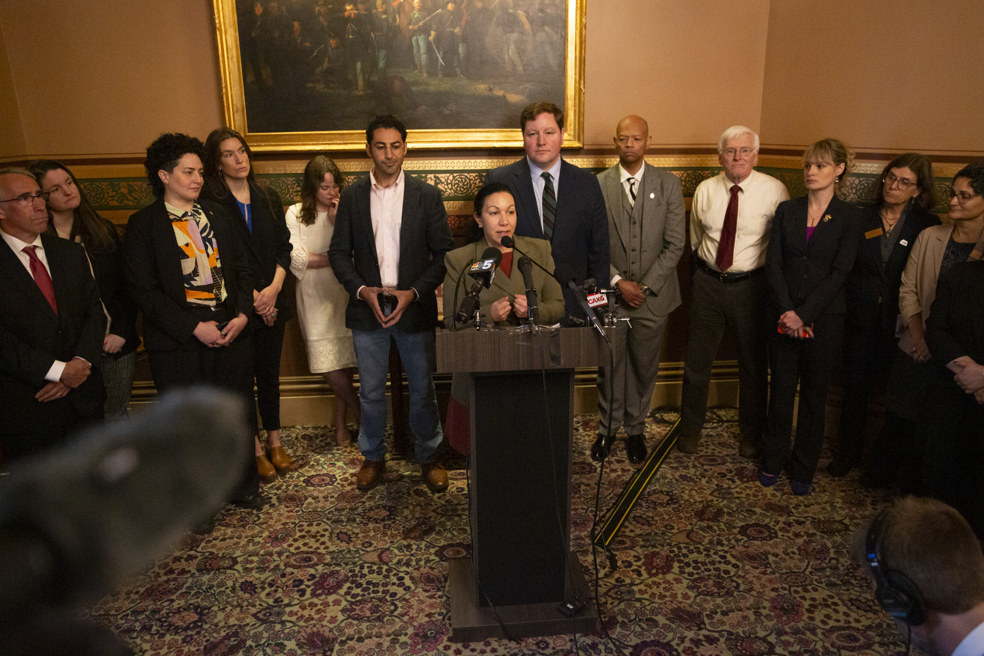 Vermont state Sen. Kesha Ram Hinsdale, D-Montpelier, center, speaks during a news conference announcing the launch of the Vermont Immigration Legal Defense Fund in the Cedar Creek Reception Room at the Vermont State House on Thursday, May 8, 2025, in Montpelier, Vt. (AP Photo/Alex Driehaus)