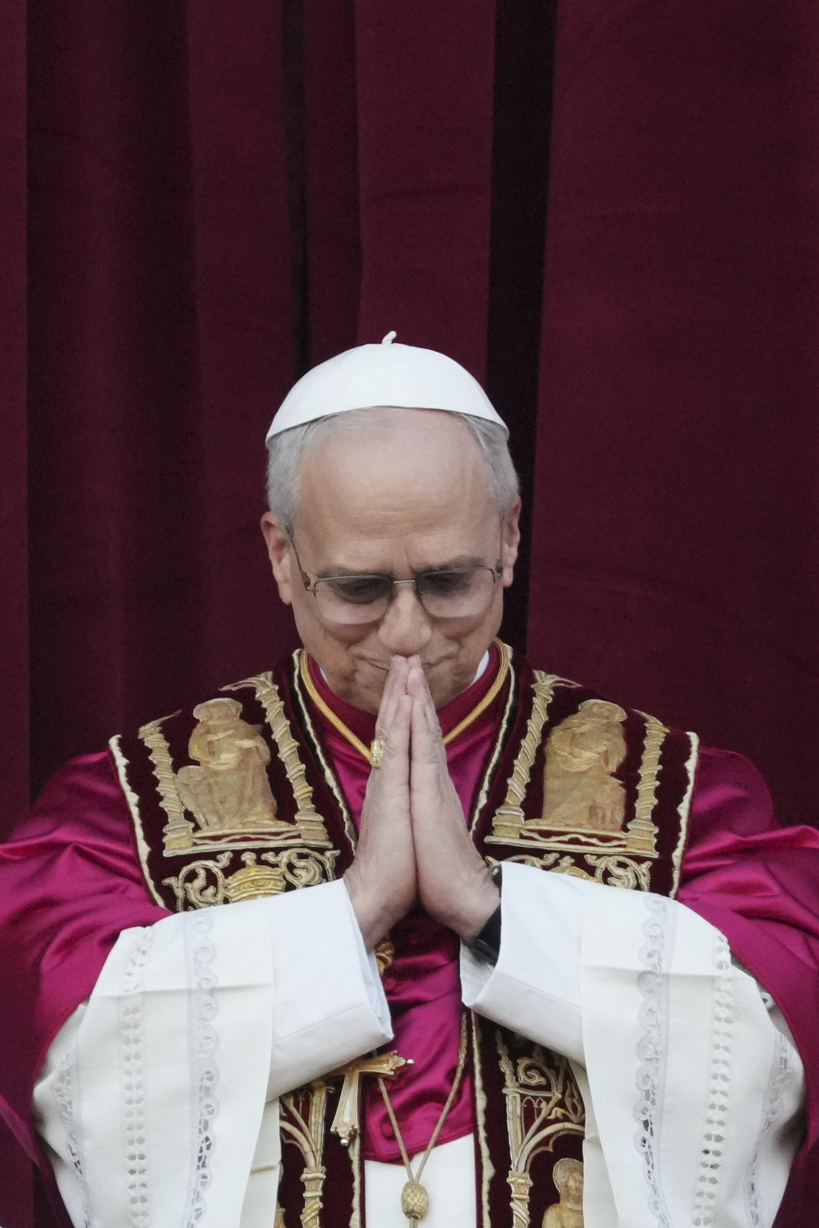Newly elected Pope Leo XIV appears at the balcony of St. Peter's Basilica at the Vatican, Thursday, May 8, 2025. (AP Photo/Alessandra Tarantino)