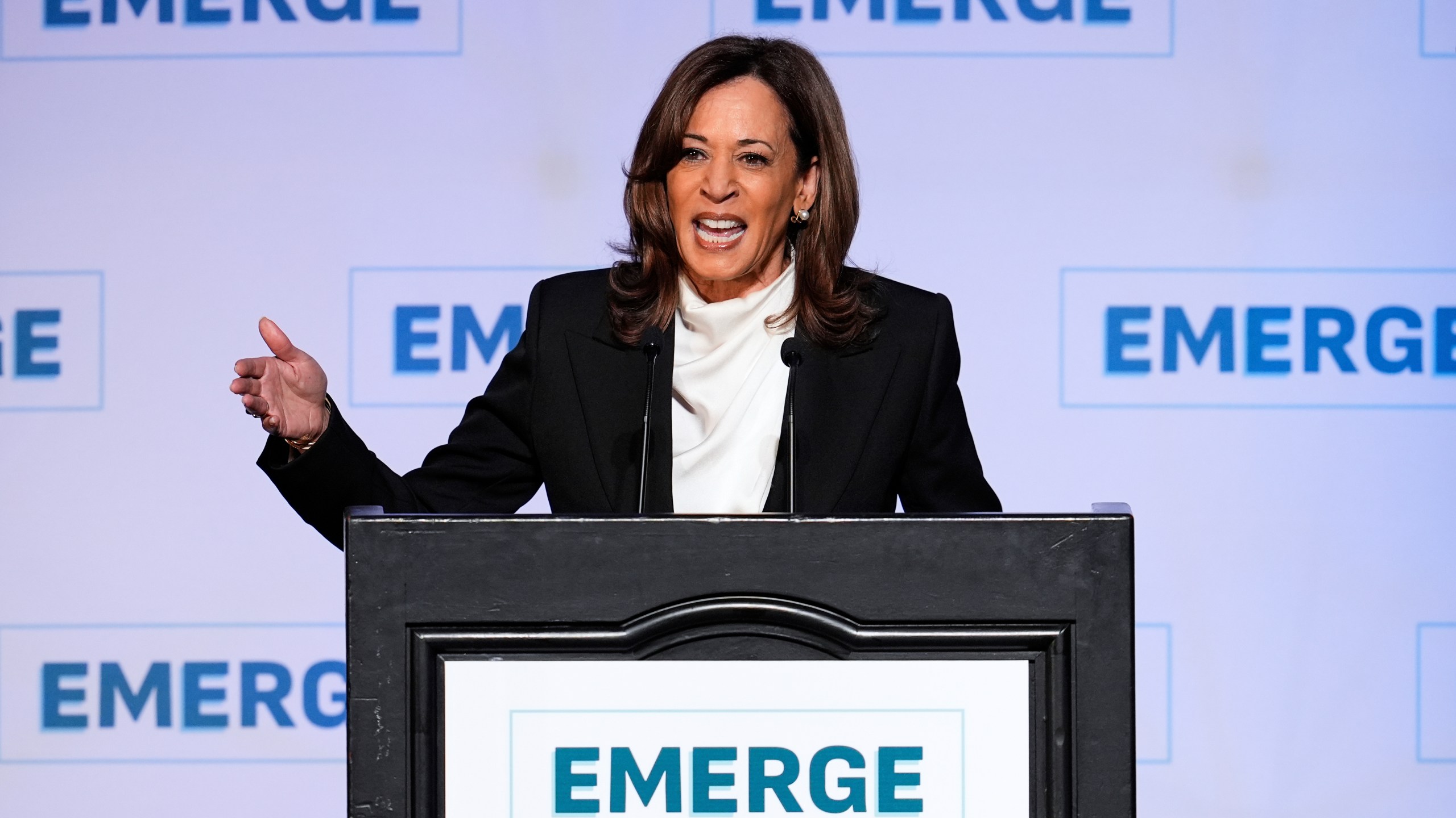Former Vice President Kamala Harris delivers the keynote speech at the Emerge 20th Anniversary Gala in San Francisco, Wednesday, April 30, 2025. (AP Photo/Godofredo A. Vásquez)