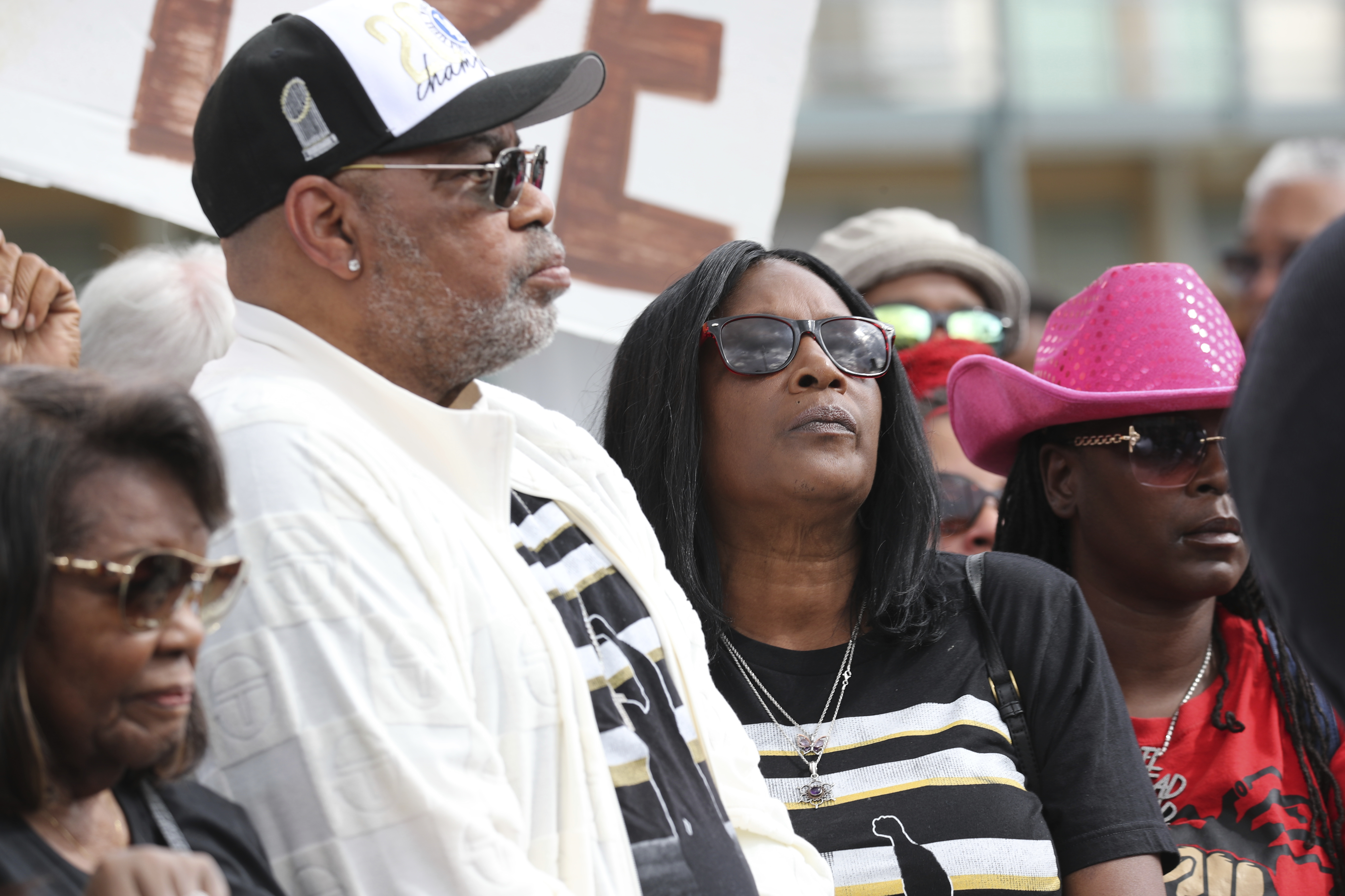 Stepfather Rodney Wells and, RowVaughn Wells, mother of Tyre Nichols, during a community rally in honor of Tyre, Thursday, May 8, 2025, in Memphis, Tenn. (AP Photo/Nikki Boertman)