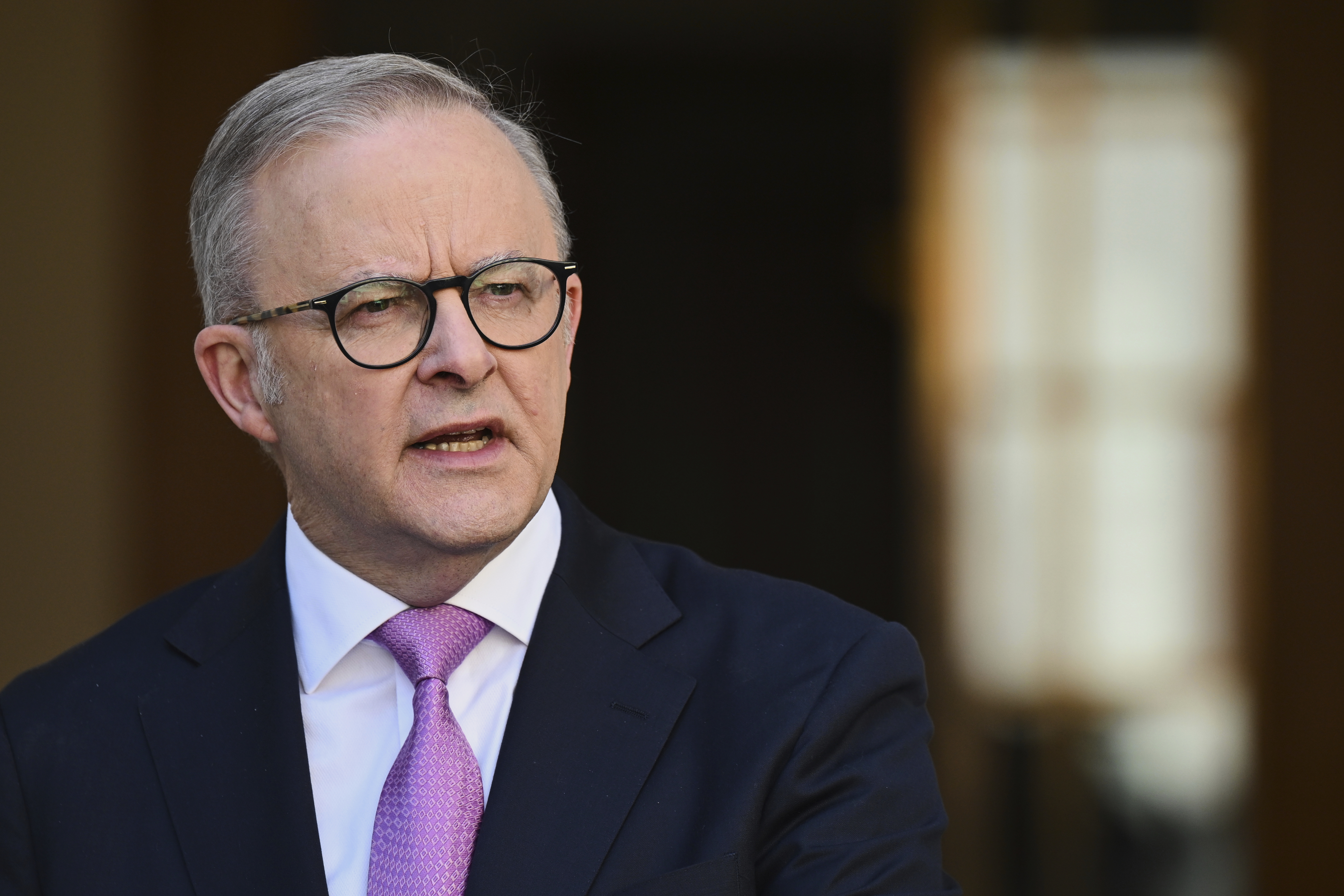 Australian Prime Minister Anthony Albanese speaks during a press conference at Parliament House in Canberra, Australia, Monday, May 5, 2025. (Lukas Coch/AAP Image via AP)