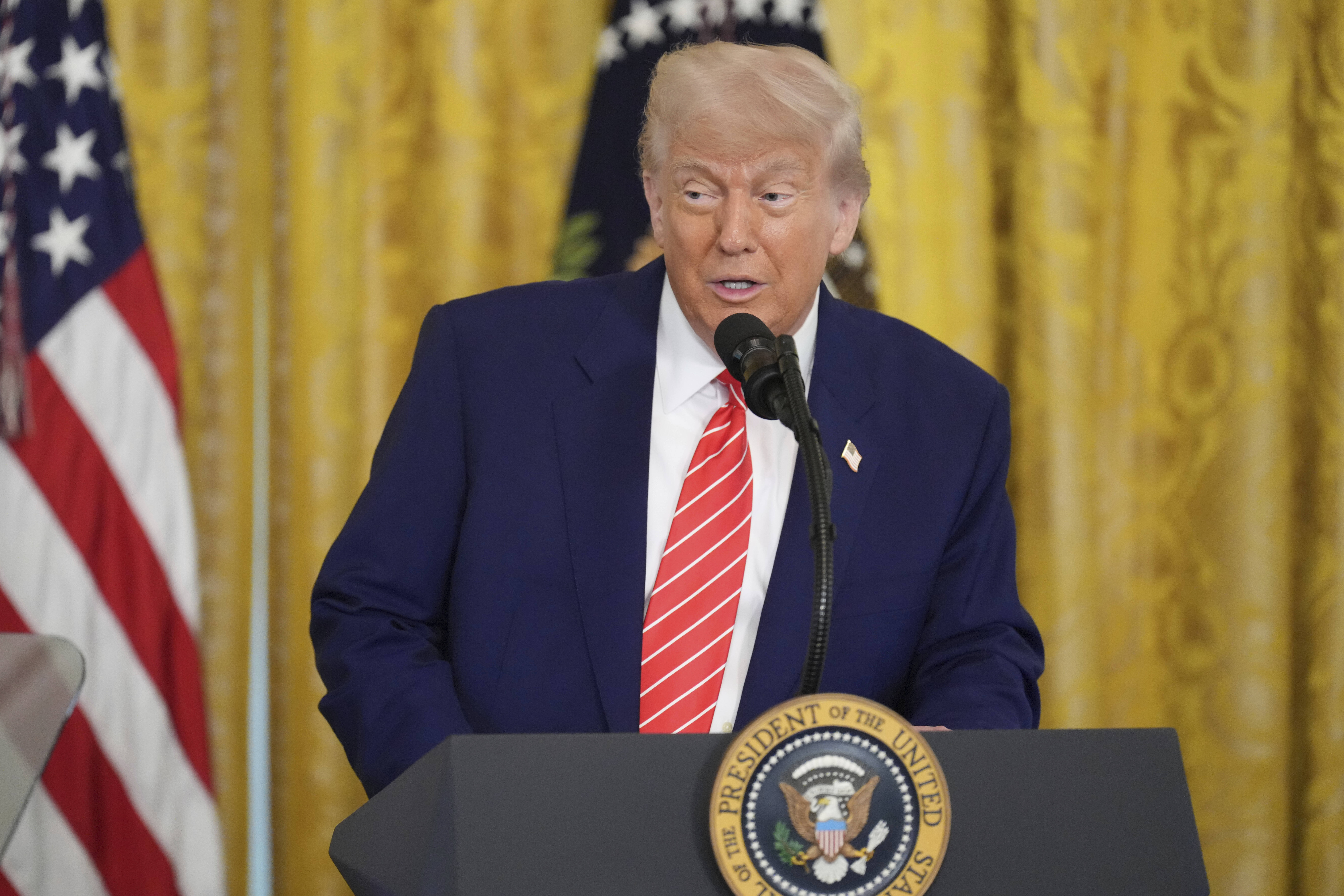 President Donald Trump speaks at an event for Military Mothers, Thursday, May 8, 2025, in the East Room of the White House in Washington. (AP Photo/Jacquelyn Martin)