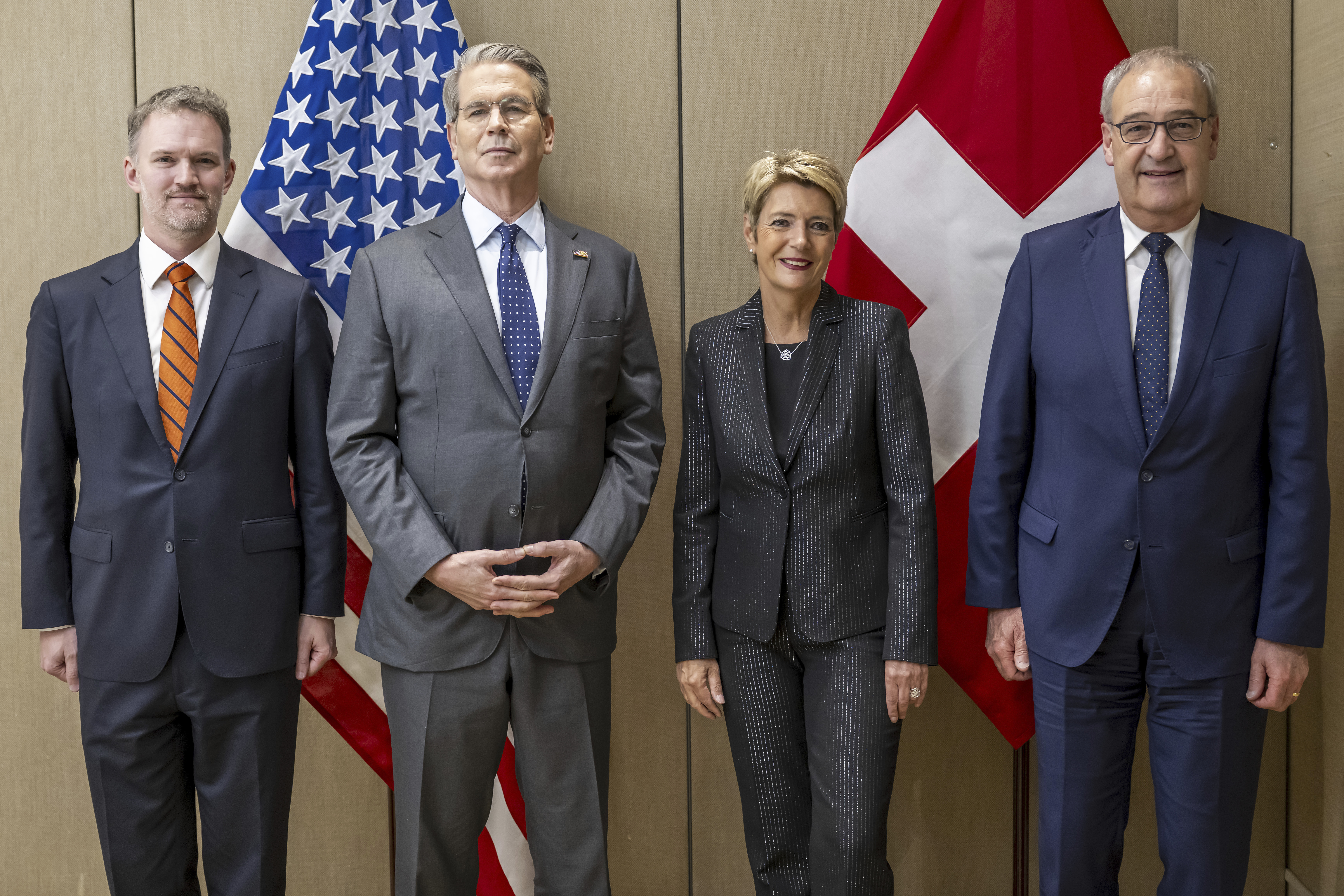 US Trade Representative Jamieson Greer, US Secretary of the Treasury Scott Bessent, Switzerland's President Karin Keller-Sutter, Switzerland's Economy Minister Federal Councillor Guy Parmelin, left and right pose, during a bilateral meeting between Switzerland and the United States, in Geneva, Switzerland, on Friday, May 9, 2025. (Martial Trezzini/Keystone via AP)