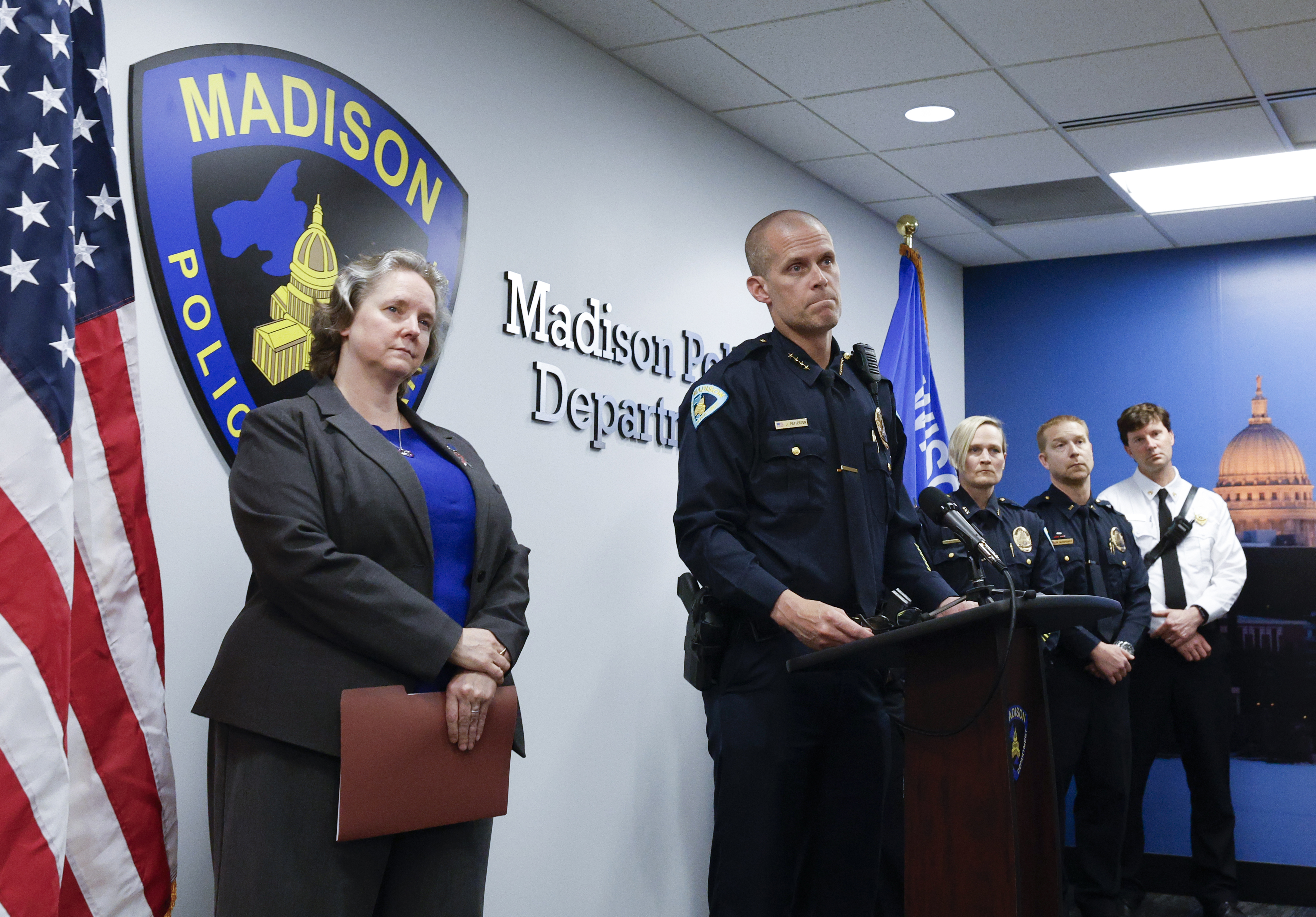 Mayor Satya Rhodes-Conway, left, and Acting Police Chief John Patterson appear during a press conference to announce the arrest of Jeffrey Rupnow in Madison, Wis. Thursday, May 8, 2025. (John Hart/Wisconsin State Journal via AP)