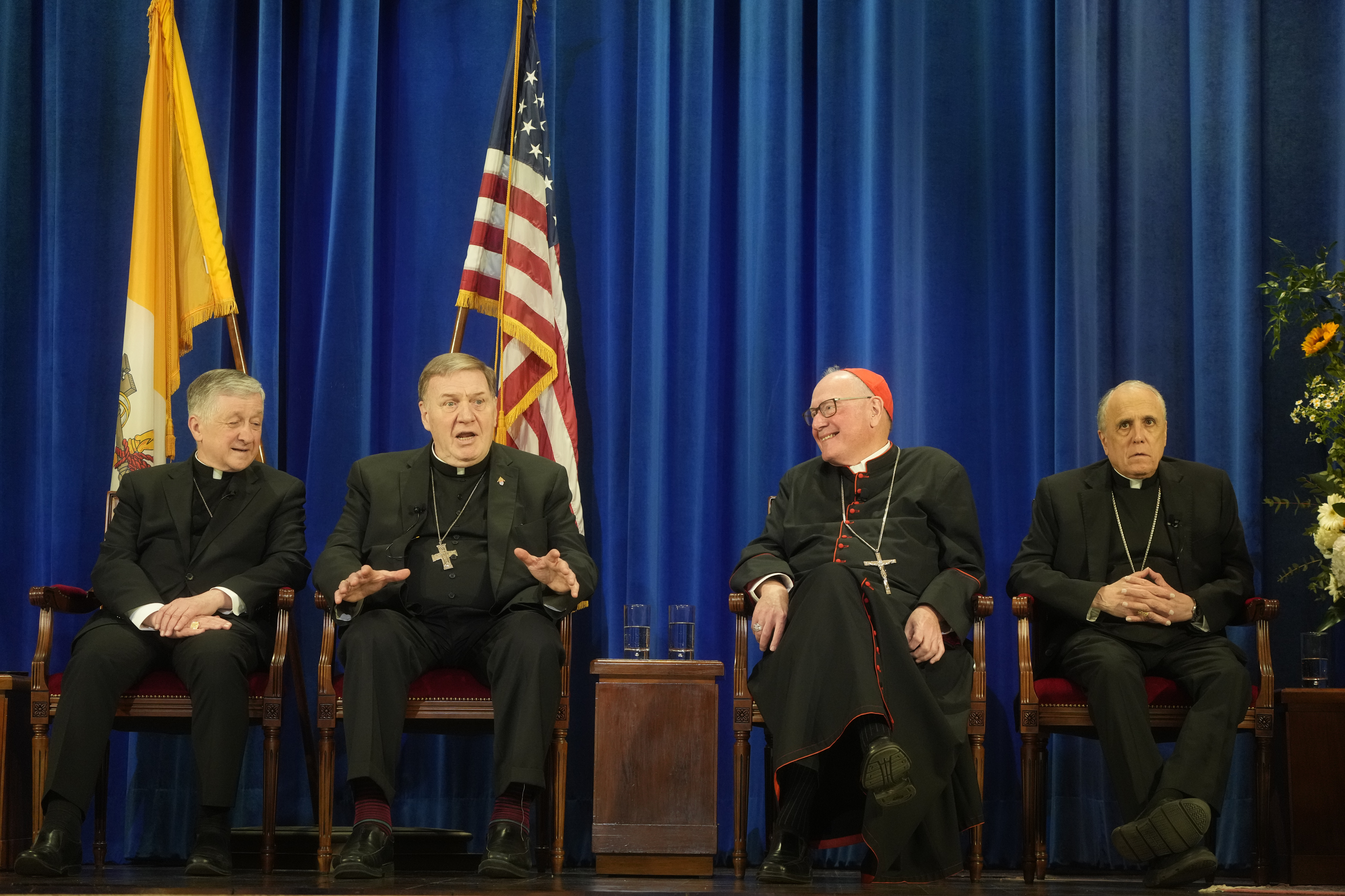 From left, U.S. Cardinals Blase Cupich of Chicago, Joseph Tobin of Newark, Timothy Dolan of NY, and Daniel Di Nardo, archbishop emeritus of Galveston Houston, attend a press conference at the North American College in Rome, Friday, May 9, 2025, one day after U.S. Cardinal Robert Francis Prevost was elected Pope Leo XIV. (AP Photo/Gregorio Borgia)