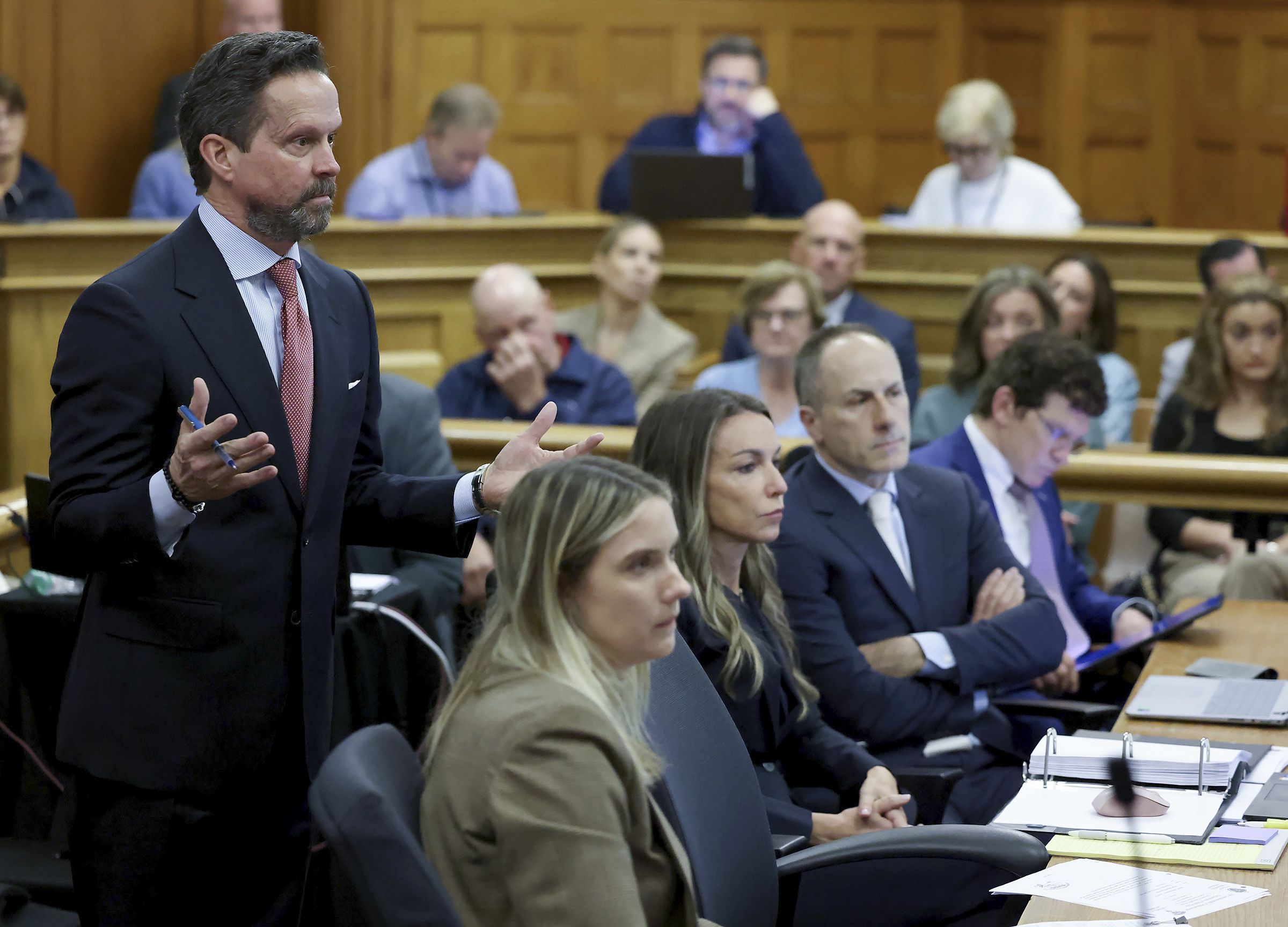Defense lawyer Alan Jackson, left, questions Massachusetts State Police Sgt. Yuriy Bukhenik during the Karen Read murder trial in Norfolk Superior Court in Dedham, Mass., Friday, May 9, 2025. (Mark Stockwell/The Sun Chronicle via AP, Pool)