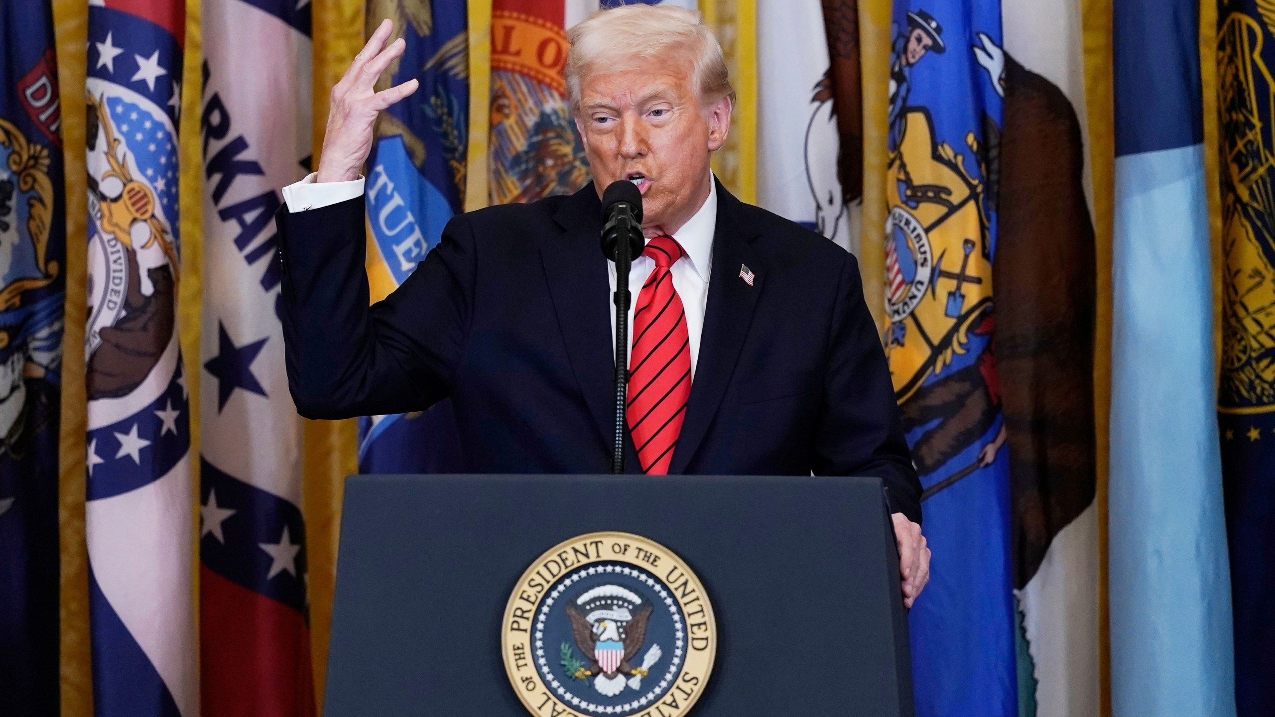 FILE - President Donald Trump speaks at an education event and executive order signing in the East Room of the White House in Washington, March 20, 2025. (AP Photo/Jose Luis Magana, File)