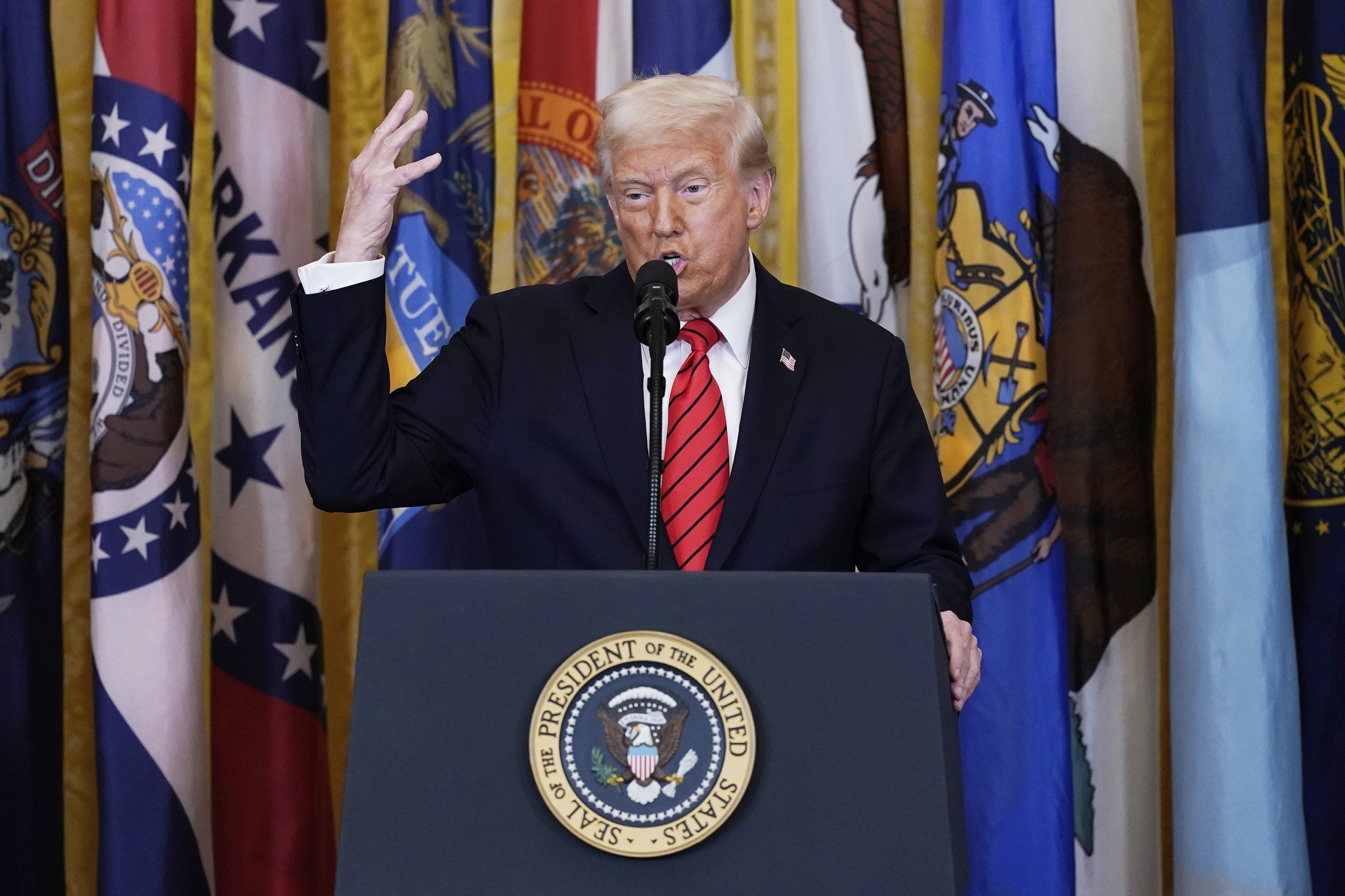 FILE - President Donald Trump speaks at an education event and executive order signing in the East Room of the White House in Washington, March 20, 2025. (AP Photo/Jose Luis Magana, File)