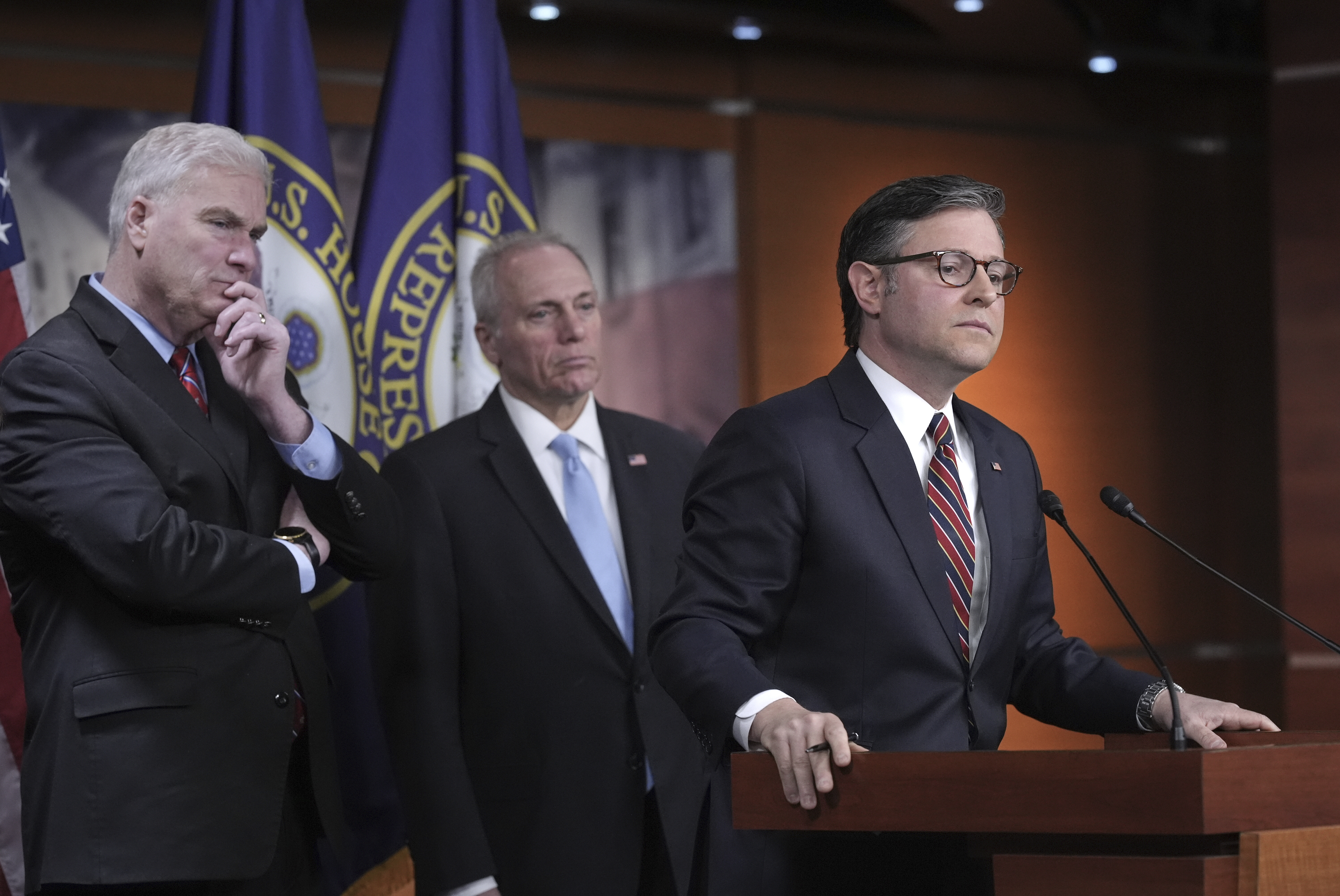 FILE - Speaker of the House Mike Johnson, R-La., joined from left by House Majority Whip Tom Emmer, R-Minn., and House Majority Leader Steve Scalise, R-La., talks to reporters about his push for a House-Senate compromise budget resolution to advance President Donald Trump's agenda, even with opposition from hard-line conservative Republicans, at the Capitol in Washington, April 8, 2025. (AP Photo/J. Scott Applewhite, File)