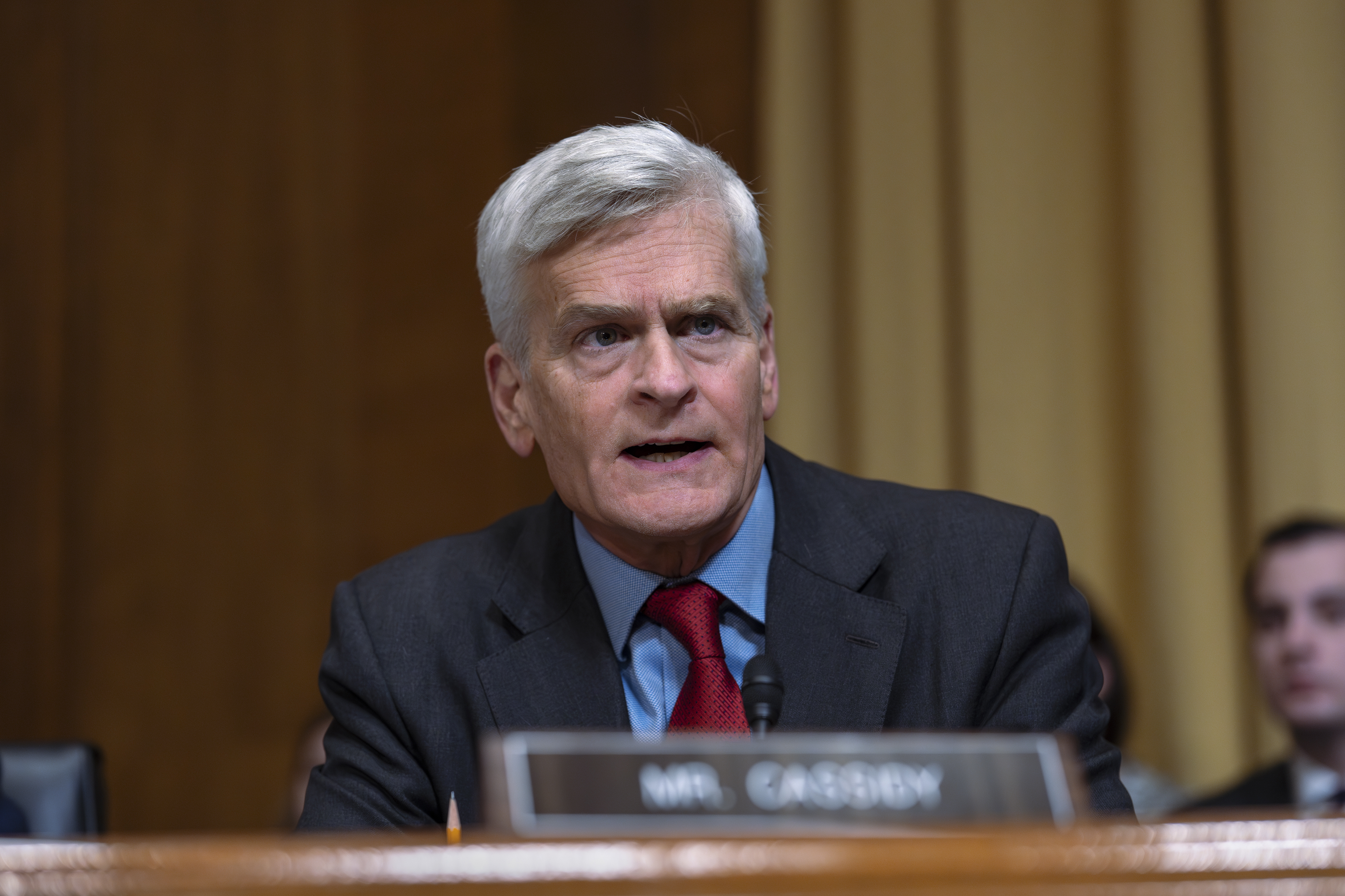 FILE - Sen. Bill Cassidy, R-La., votes aye at the final moment as the Senate Finance Committee holds a roll call vote to approve the nomination of Robert F. Kennedy Jr. to lead the Health and Human Services Department, at the Capitol in Washington, Feb. 4, 2025. (AP Photo/J. Scott Applewhite, File)