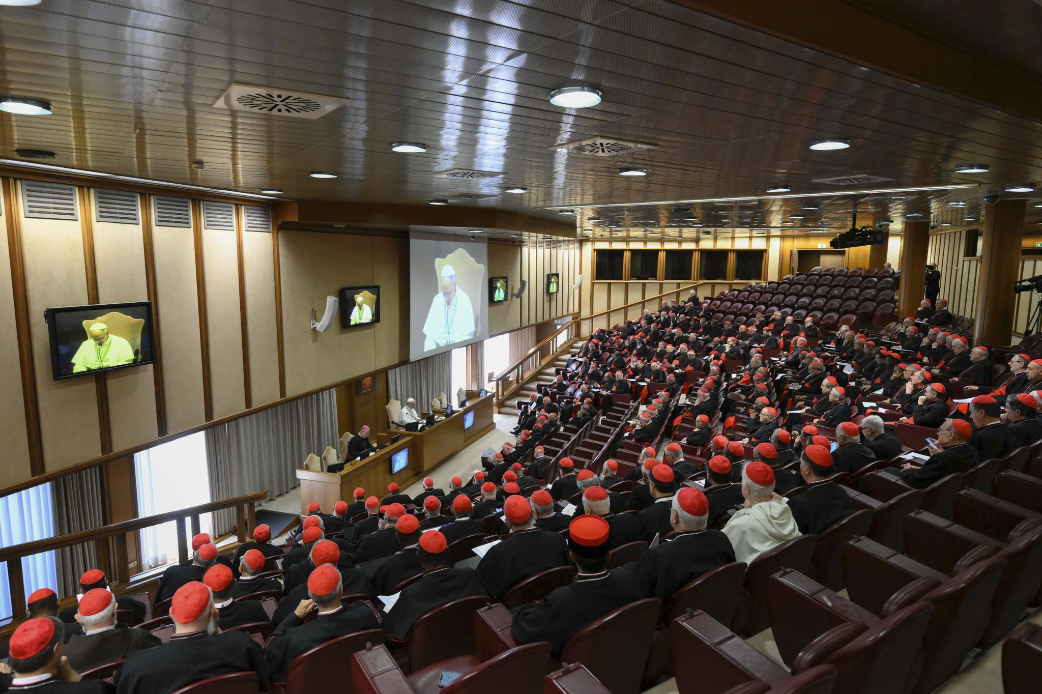 Pope Leo XIV meets the College of Cardinals in the New Synod Hall at the Vatican, Saturday, May 10, 2025. (Vatican Media via AP)
