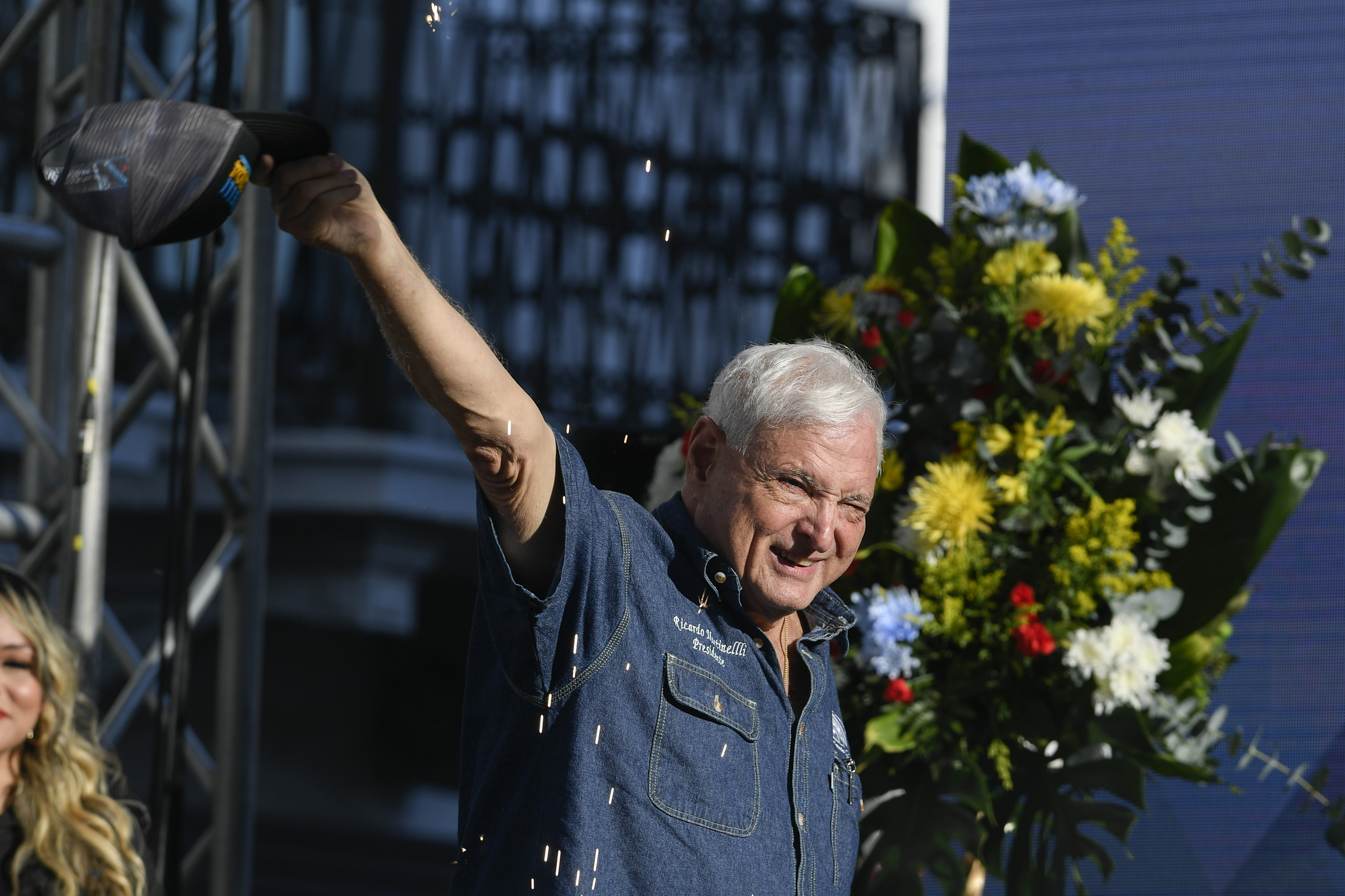 FILE - Panama's former President Ricardo Martinelli waves to supporters during a campaign rally, in Panama City, Feb. 3, 2024. (AP Photo/Agustin Herrera, File)