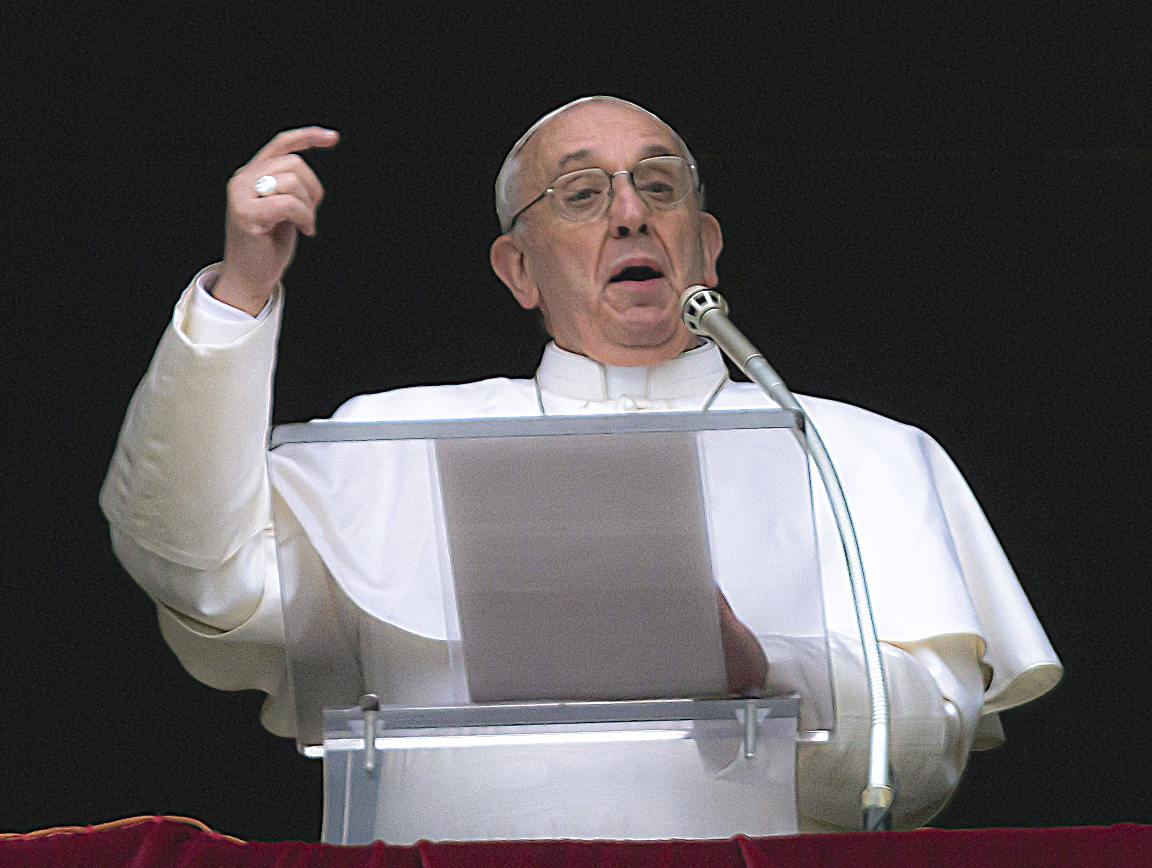 FILE - Pope Francis gestures on the first Sunday window appearance of his papacy to pray the Angelus and bless the faithful gathered in St. Peter's Square at the Vatican, Sunday, March 17, 2013. (AP Photo/Domenico Stinellis, File)