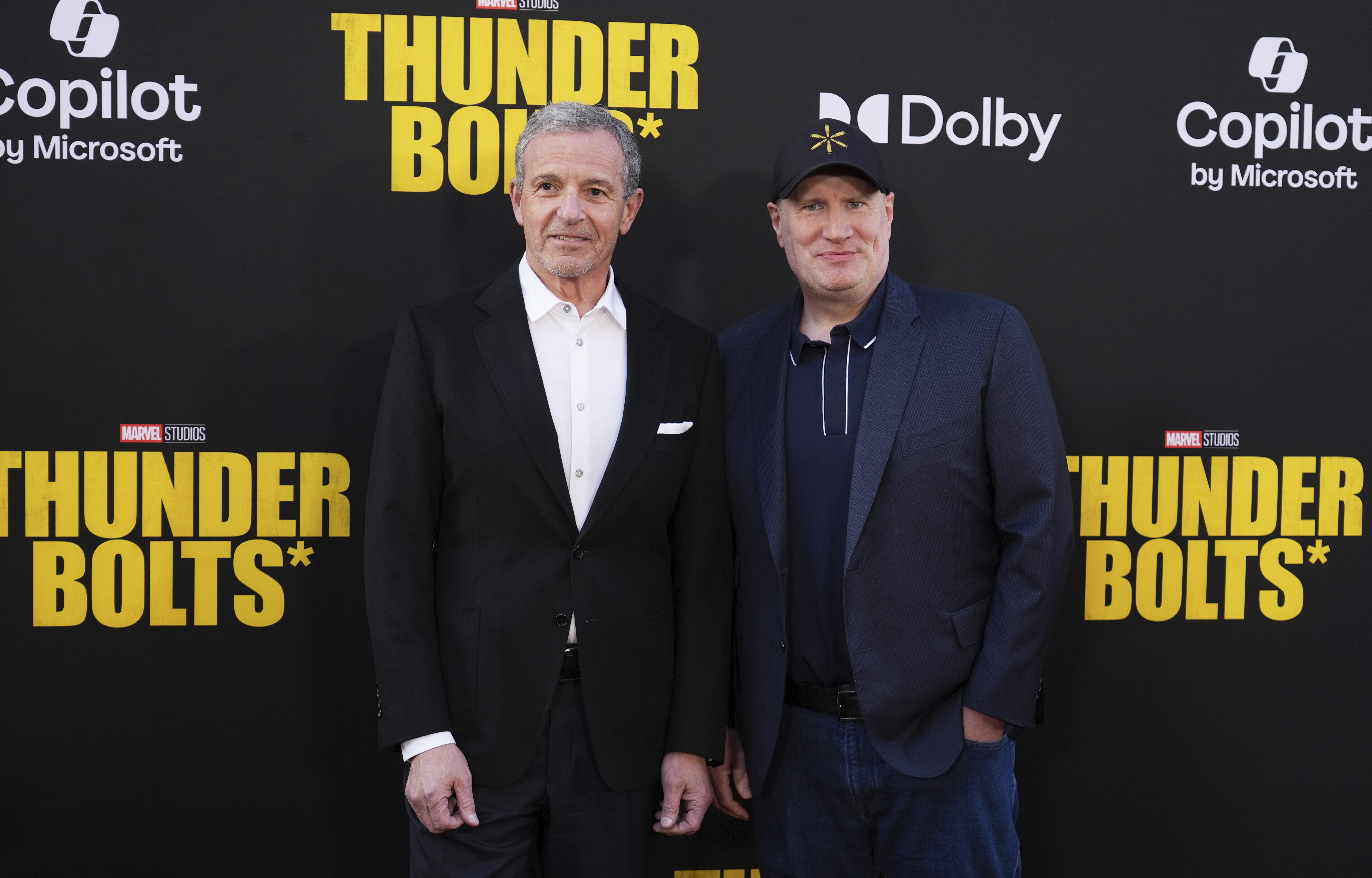 Bob Iger, left, CEO of the Walt Disney Company, and Kevin Feige, president of Marvel Studios, pose together at the premiere of the film "Thunderbolts" at the Dolby Theatre, Monday, April 28, 2025, in Los Angeles. (AP Photo/Chris Pizzello)