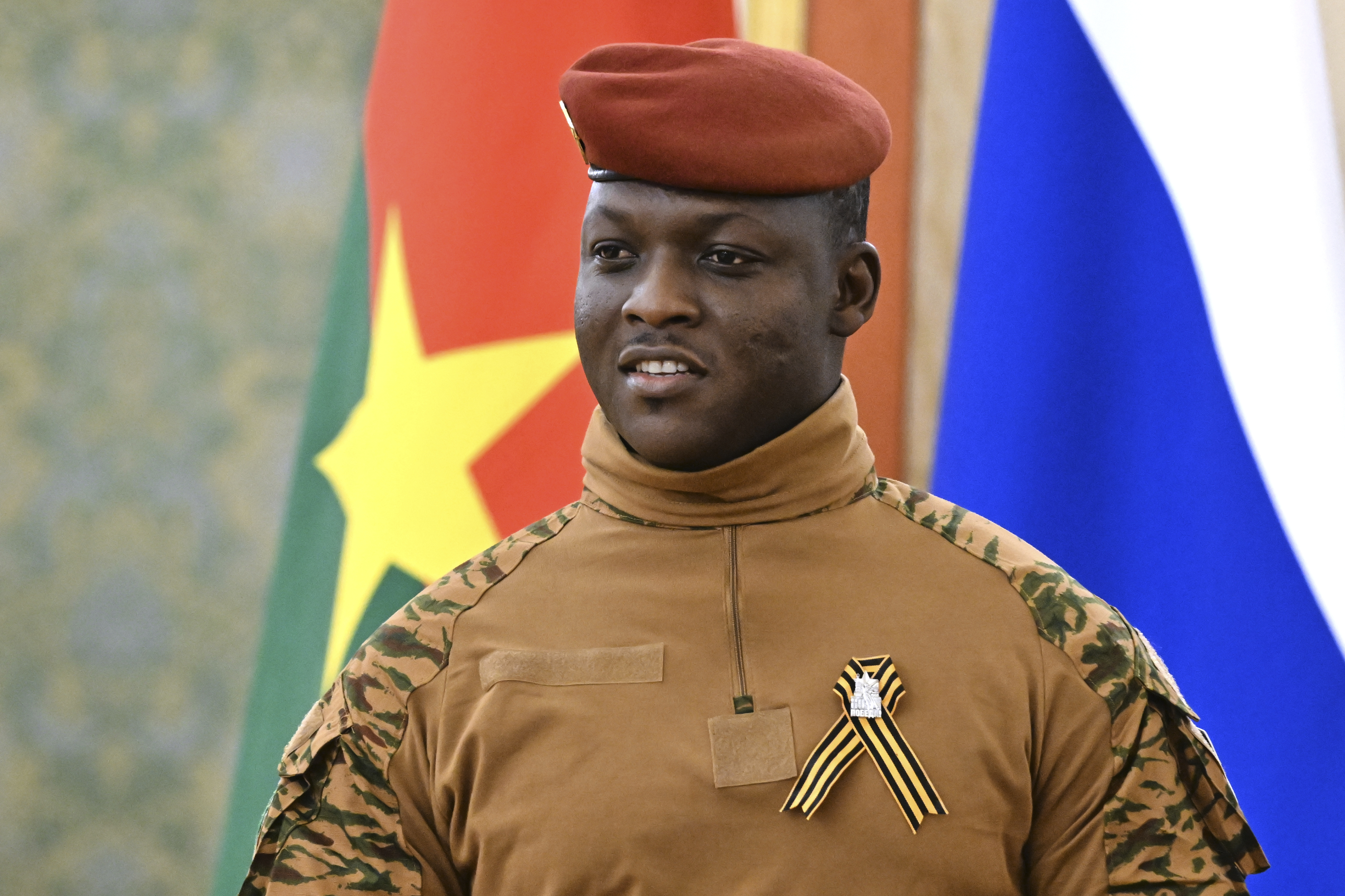 Burkina Faso President Ibrahim Traore arrives to meet Russian President Vladimir Putin in the Grand Palace at the Kremlin in Moscow, Russia, on Saturday, May 10, 2025. (Stanislav Krasilnikov/RIA Novosti via AP)