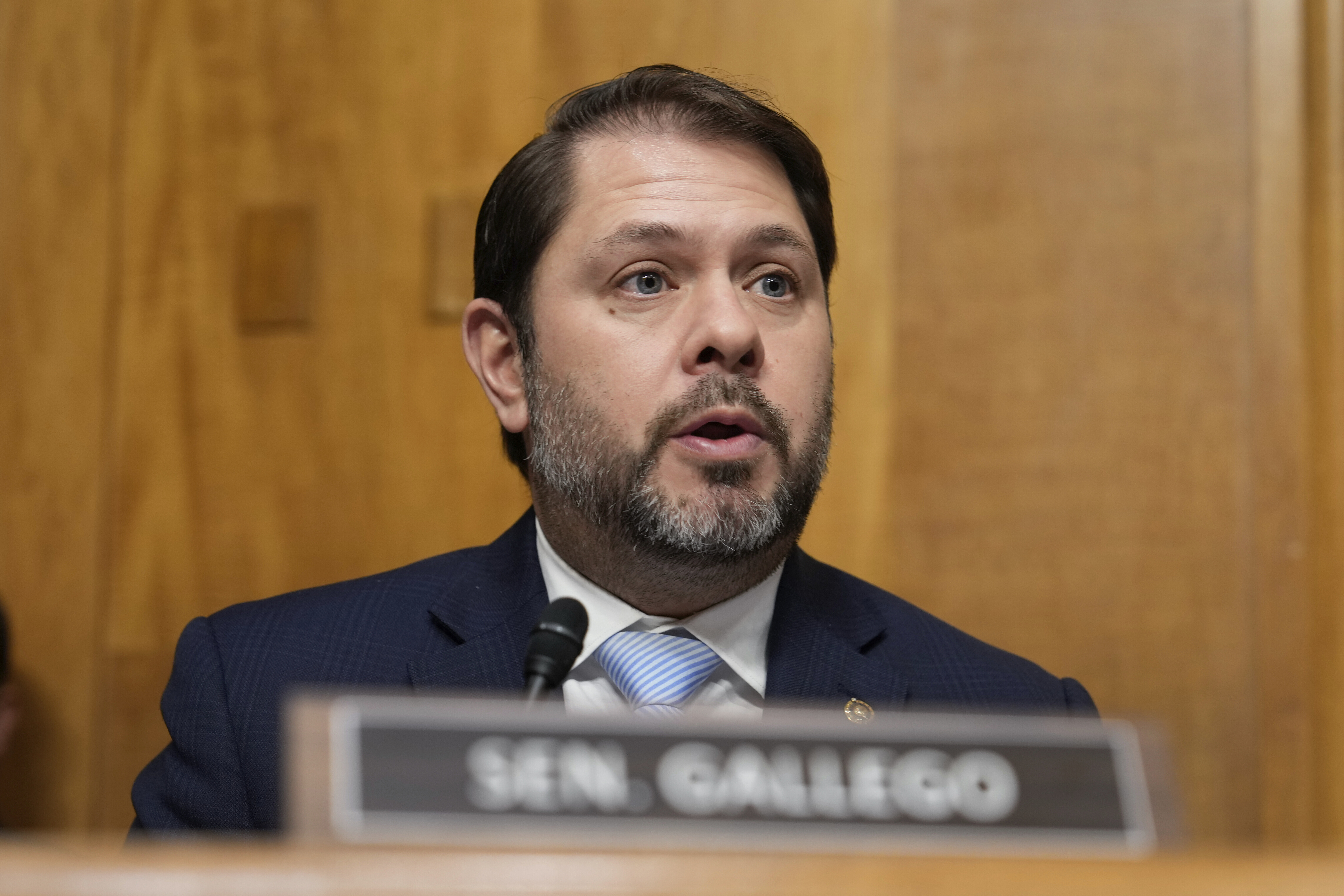 FILE - Sen. Ruben Gallego, D-Ariz., speaks at the Senate Homeland Security and Governmental Affairs Committee confirmation hearing for South Dakota Gov. Kristi Noem, President-elect Donald Trump's nominee to be Secretary of Homeland Security, at the Capitol in Washington, Jan. 17, 2025. (AP Photo/Ben Curtis, File)