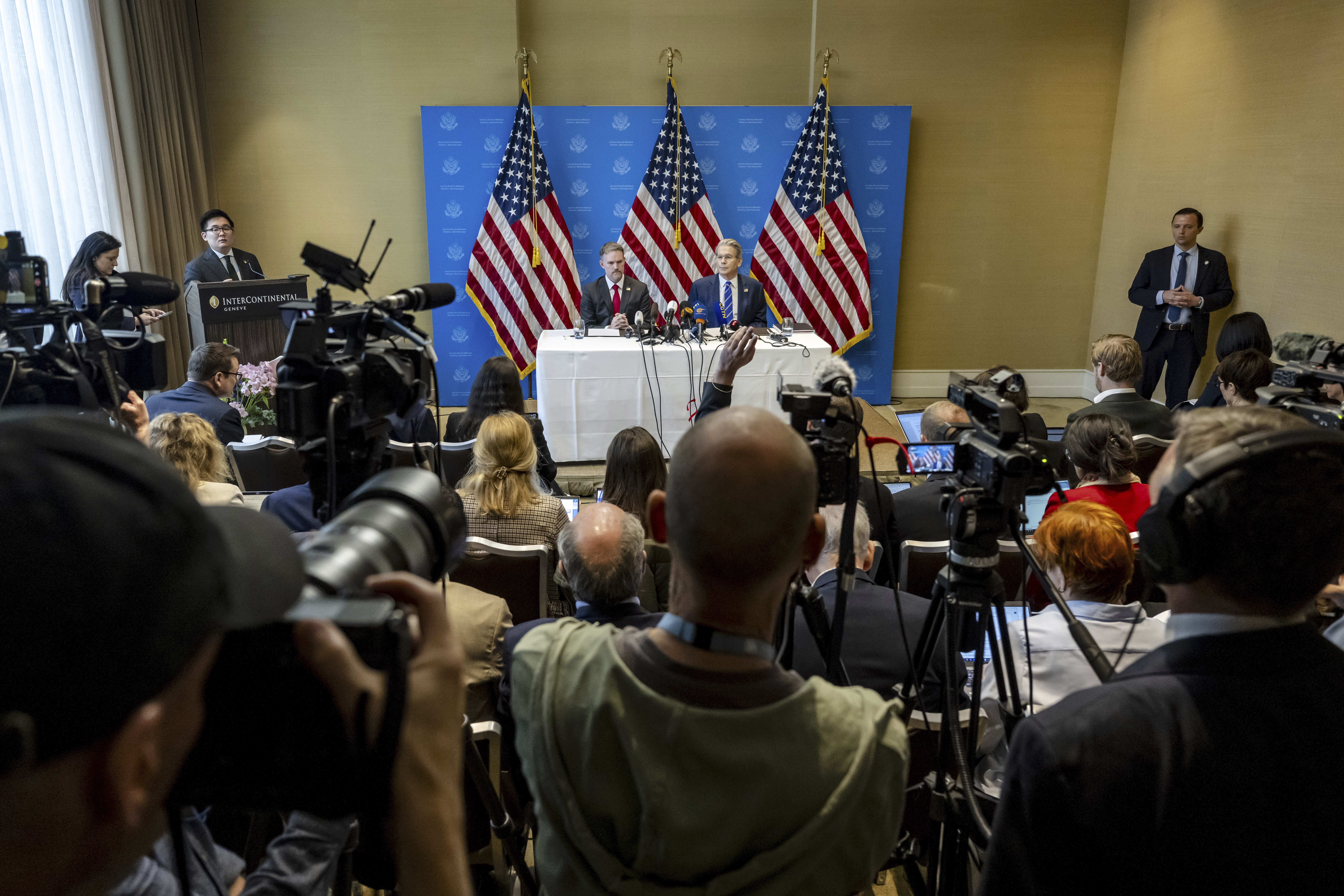 U.S. Trade Representative Jamieson Greer, left, and U.S. Secretary of the Treasury Scott Bessent take part in a press conference after two days of closed-door discussions on trade between the United States and China, in Geneva, Switzerland, Monday, May 12, 2025. (Jean-Christophe Bott/Keystone via AP)
