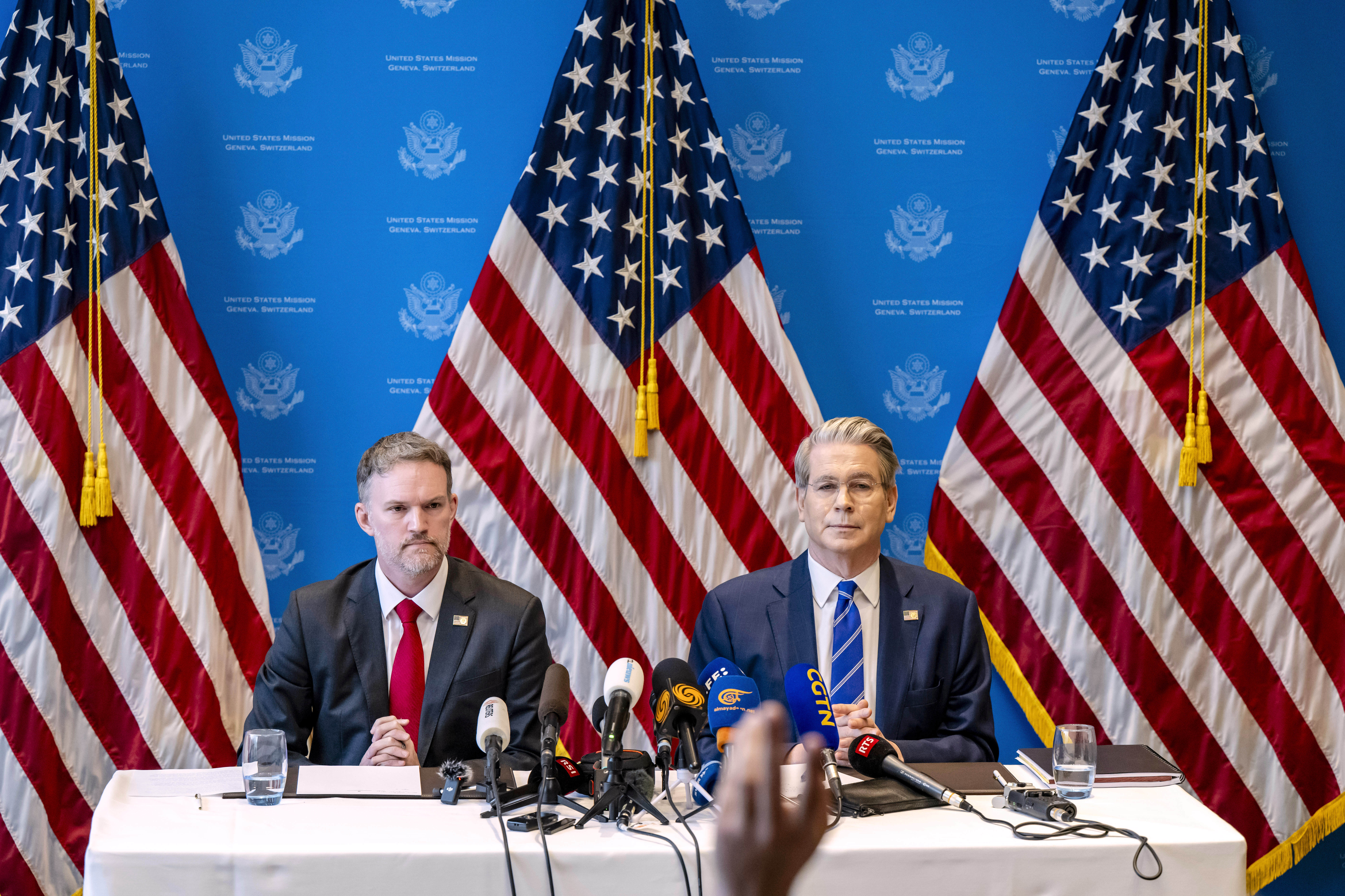 US Trade Representative Jamieson Greer, left, and US Secretary of the Treasury Scott Bessent take part in a press conference after two days of closed-door discussions on trade between the United States and China, in Geneva, Switzerland, Monday, May 12, 2025. (Jean-Christophe Bott/Keystone via AP)