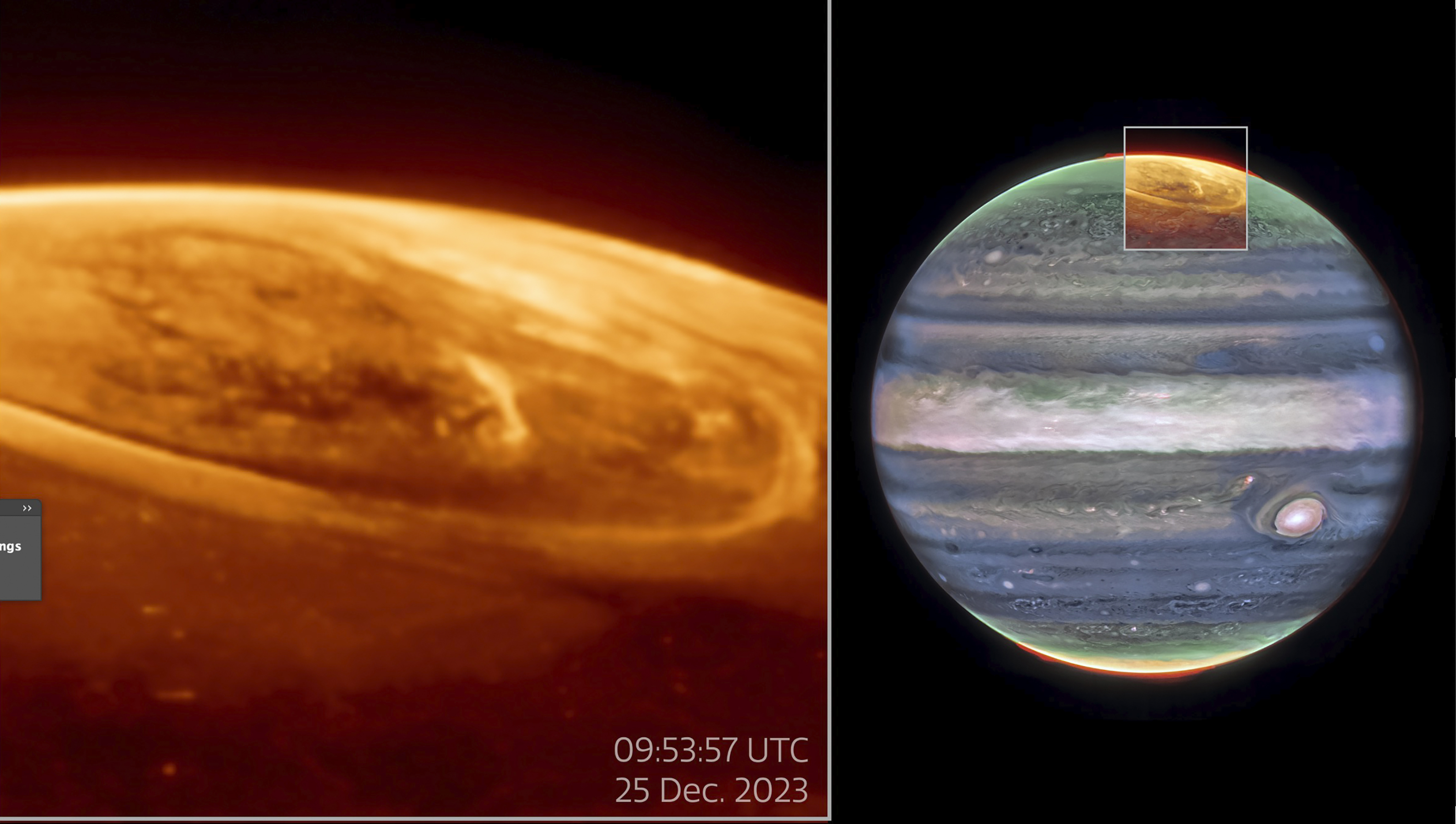 This image provided by NASA shows new details of the auroras on Jupiter captured by the James Webb Space Telescope. (NASA via AP)